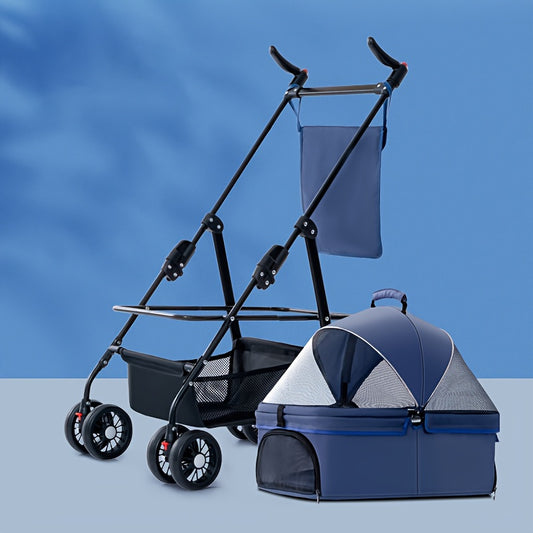 1pc Durable Pet Stroller for Small to Medium Dogs & Cats - Portable, Foldable with Metal Frame & Oxford Fabric, Blue & Black with Mesh Side Pocket, Carry Bag & Removable Tray for Travel, Dog Stroller