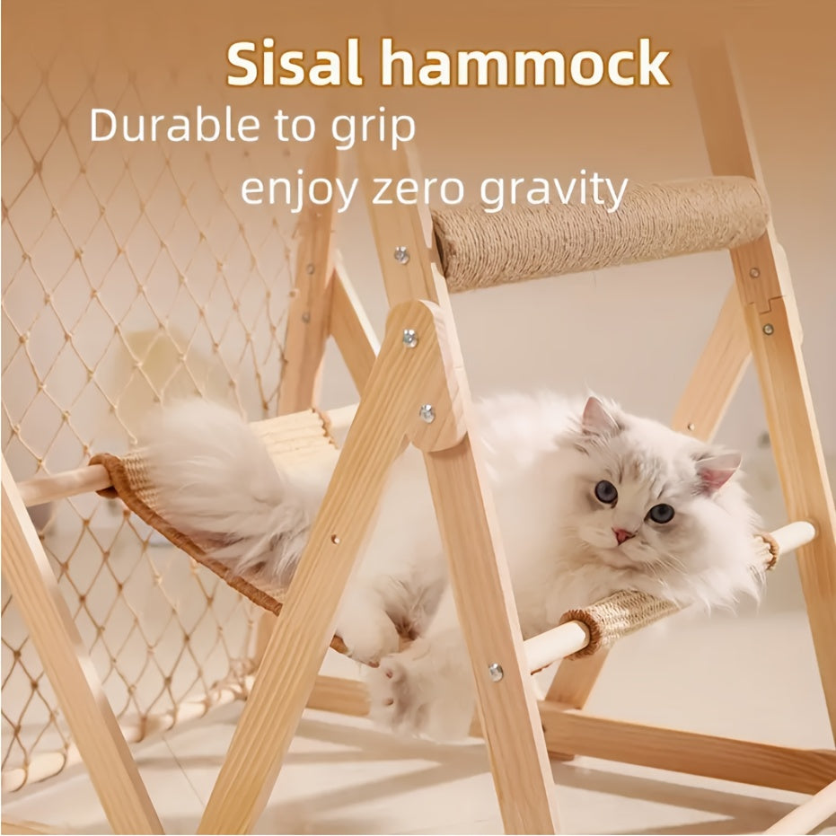 Wooden Cat Tower, Space Capsule Cat Tree with 2 Scratching Posts and Climbing Net Cat Toys, Summer Cat Bed, Indoor Cat Fort Tower Tree for Multiple Cats and Pet Stores, Wooden Cat Nest Jumping Platform Cat Scratcher Integrate