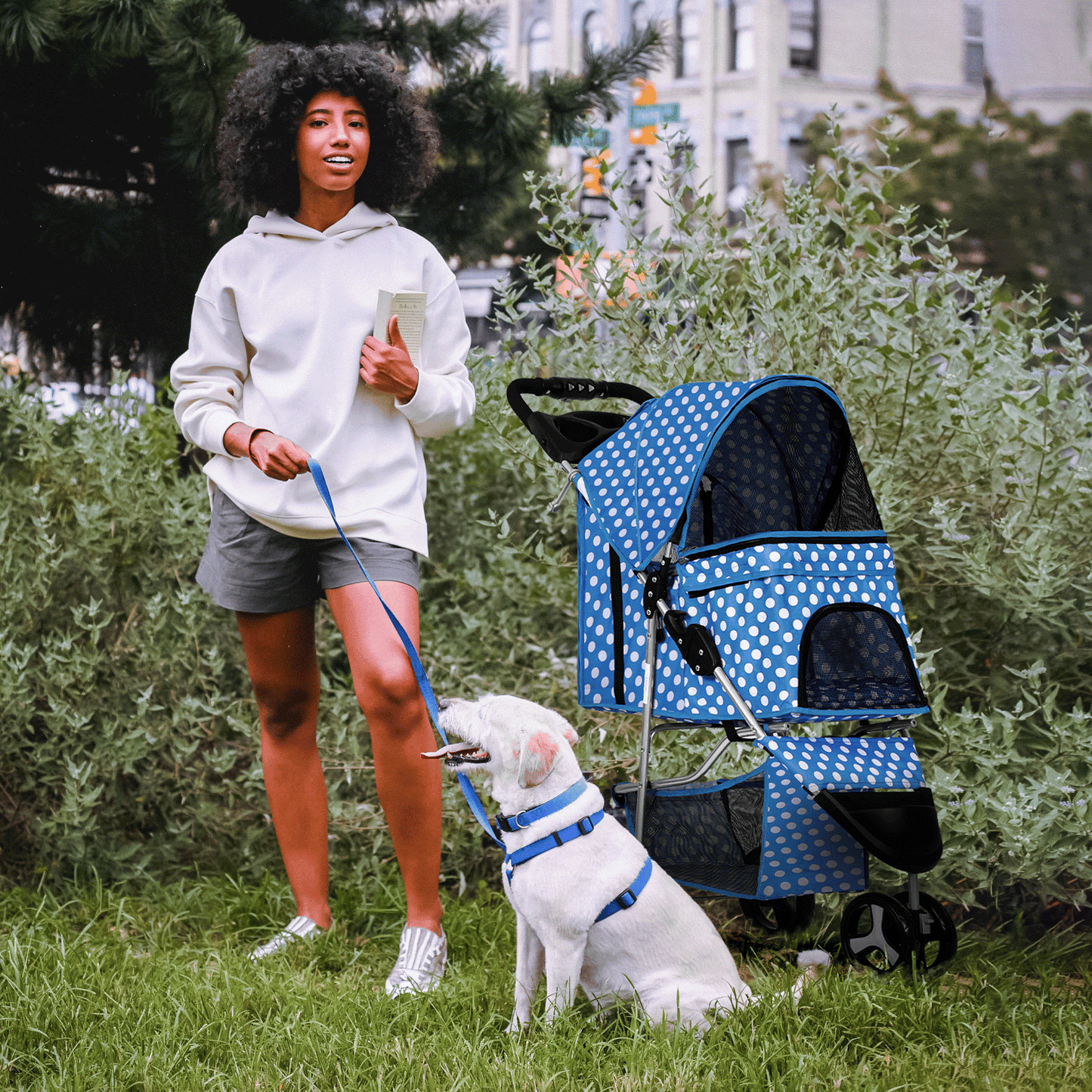 MoNiBloom Foldable Dog Strollers for Small Dogs with Weather Cover, 3 Wheels Pet Strolling Cart for Dogs and Cats with Storage Basket and Cup Holder, Breathable and Visible Mesh for All-Season