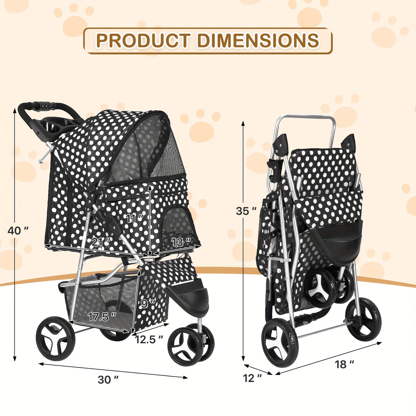 3 Wheels Pet Dog Cat Stroller for Small Medium Dogs Cats - Foldable Jogger Stroller w/Storage Basket and Cup Holder - For Pet Owners - Suitable for Outdoor Walks & Travel - Great Gift for Dog & Cat Lovers