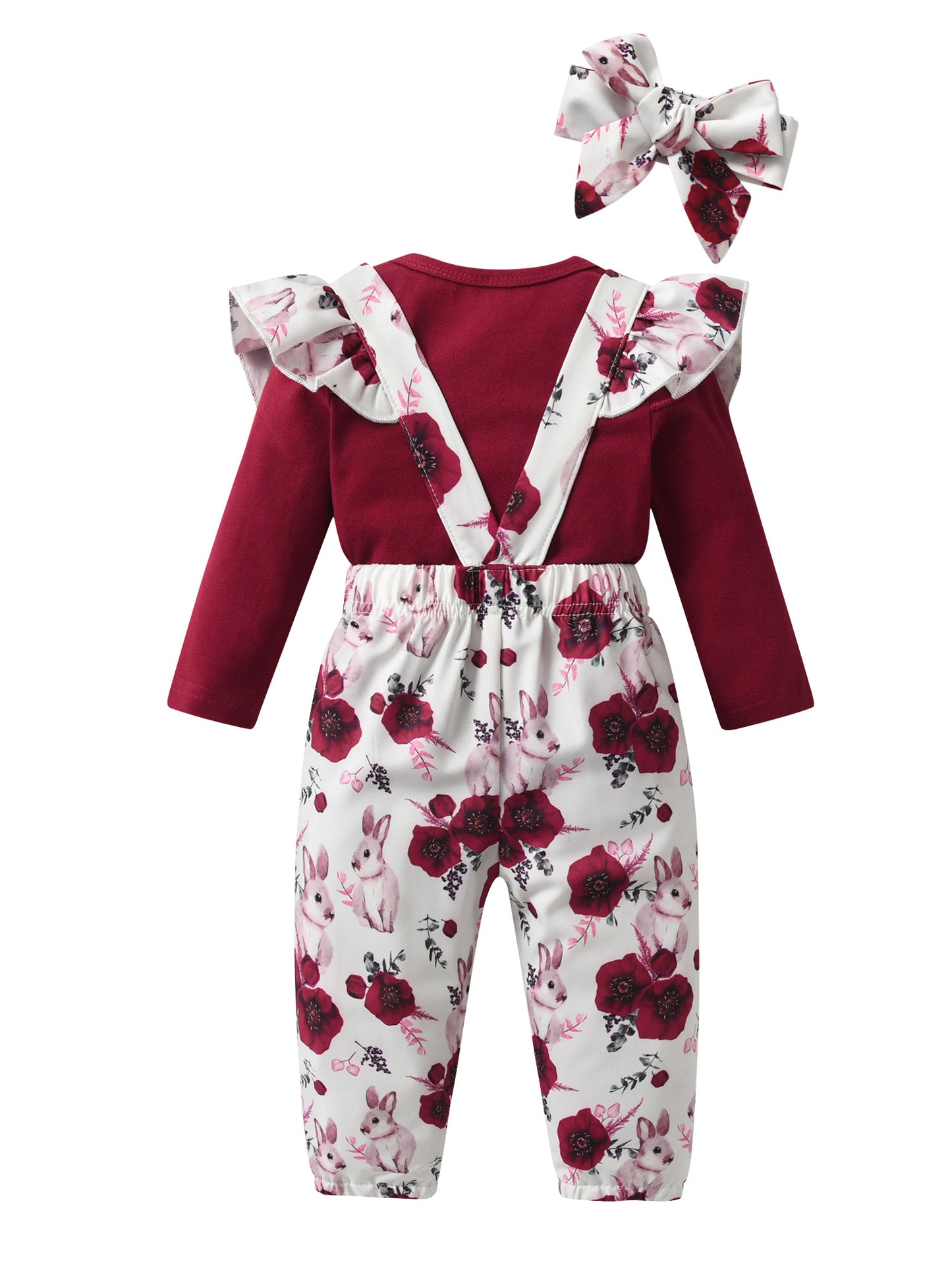 KuKitty Newborn Baby Girl 3 Piece Floral Bow Romper Set With Headband Long Sleeve Outfits