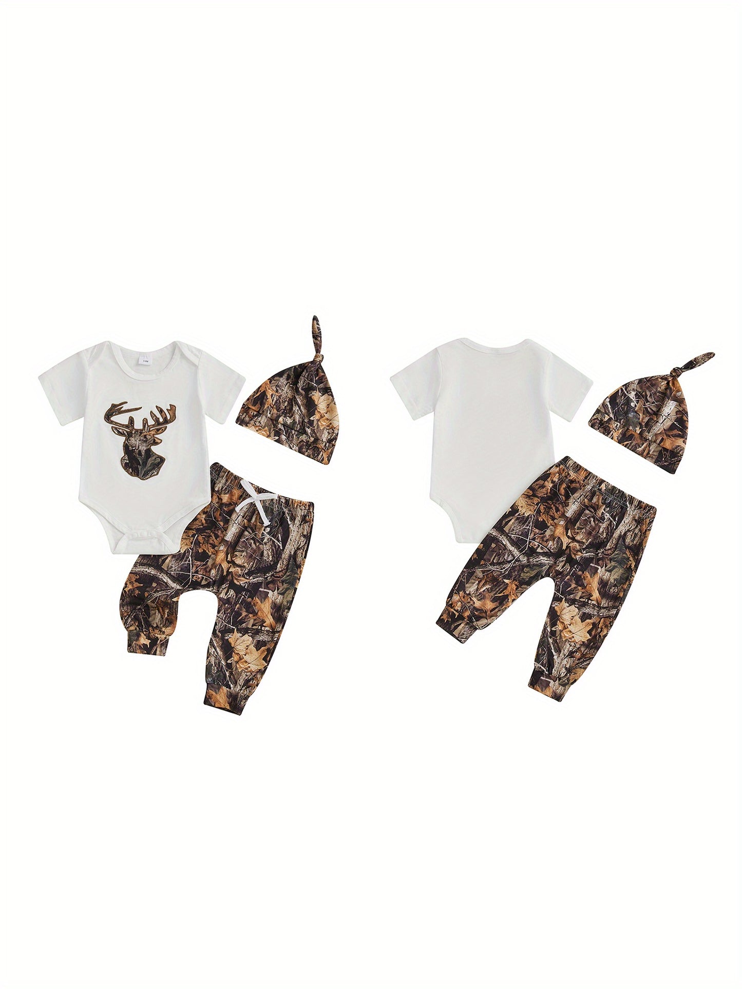 Baby Boys Summer Outfits Deer Antler Print Round Neck Short Sleeve Rompers Long Pants Hat 3pcs Clothes Set, for Outdoor