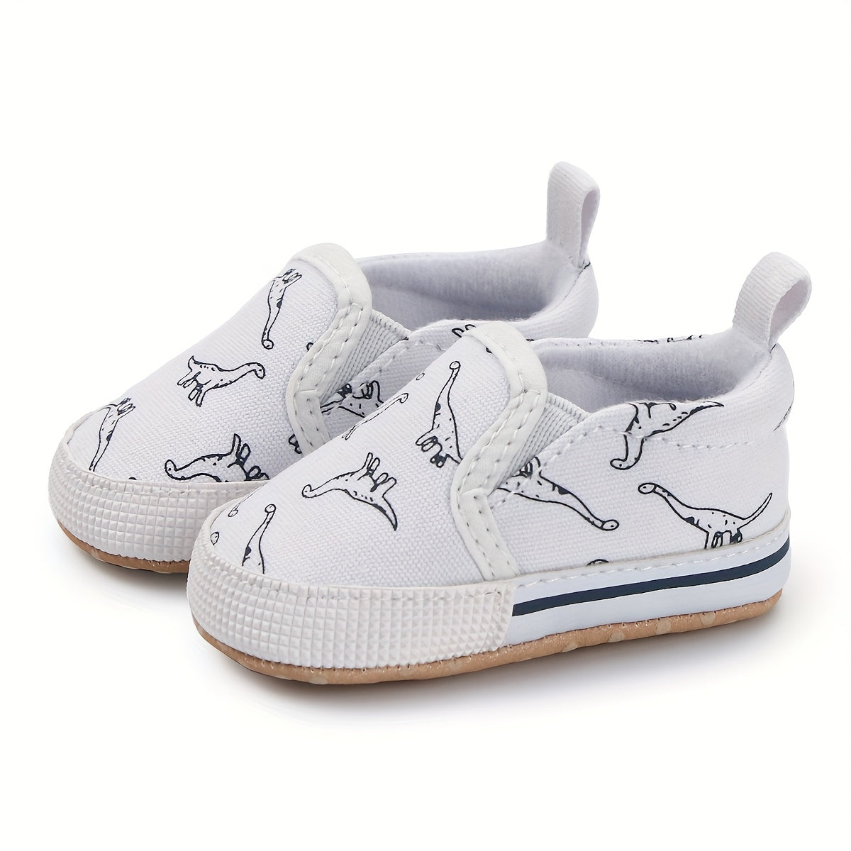 0-3 Months Slip-On Sneakers - Cute Cartoon Dinosaur Pattern Soft Fabric Low-Top Shoes for Indoor Crib Shoes, Spring & Autumn Daily Wear (Navy/White), Shoes