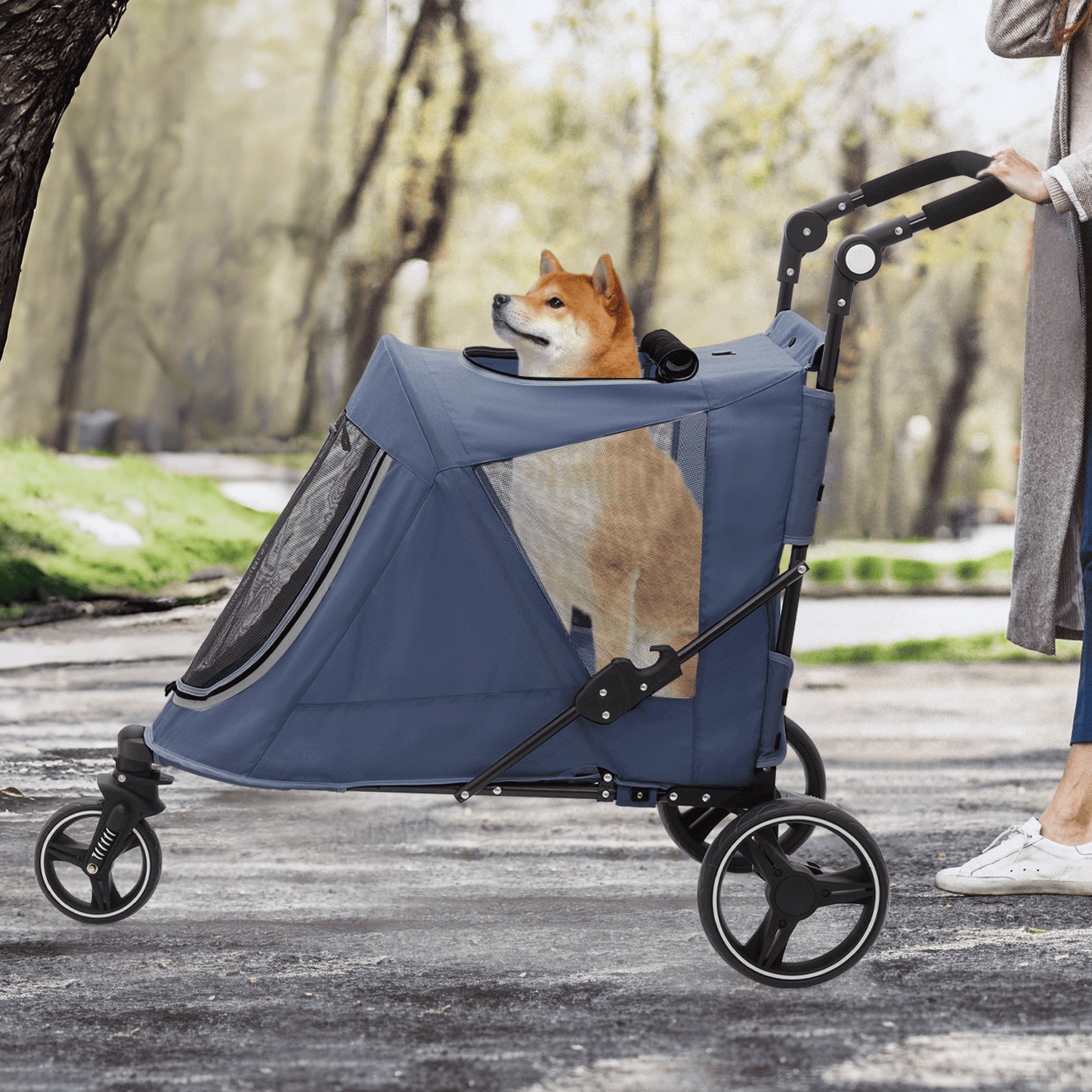 MoNiBloom Pet Stroller for Large Dogs or Multiple Dogs Cats with Adjustable Handle, 3-Wheels Dual Entry Portable Dog Carting Easy Folding Pet Wagon Double Dog Stroller