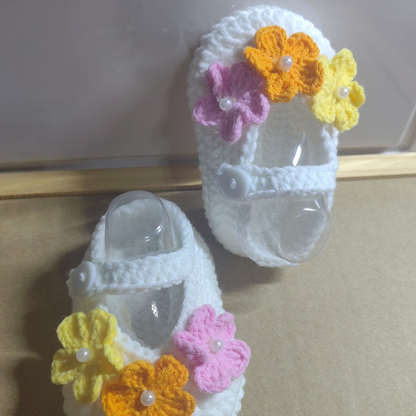 Handcrafted Crochet Baby Girl Shoes with Colorful Flower Accents - Soft Sole, Breathable Fabric, Casual Round Toe Design for Infants, Perfect for Spring/Autumn, Toddler Shoes