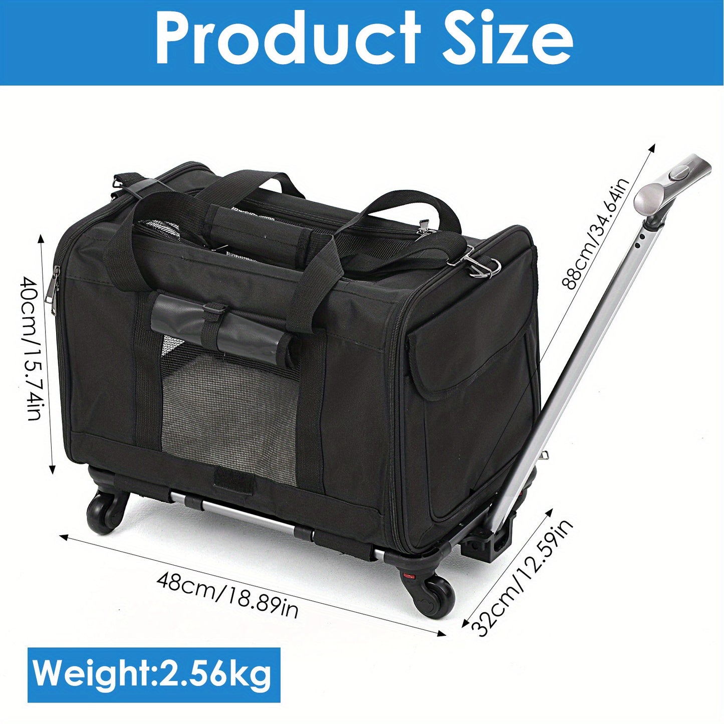 Heavy-Duty Pet Travel Bag with Rolling Wheels - Expandable Carrier, Scratch-Resistant & Foldable Design, Front Zipper Access, Side Pocket - Portable with Extended Handle for Airplane, Car, Vet Visits - Ideal for Cats & Small