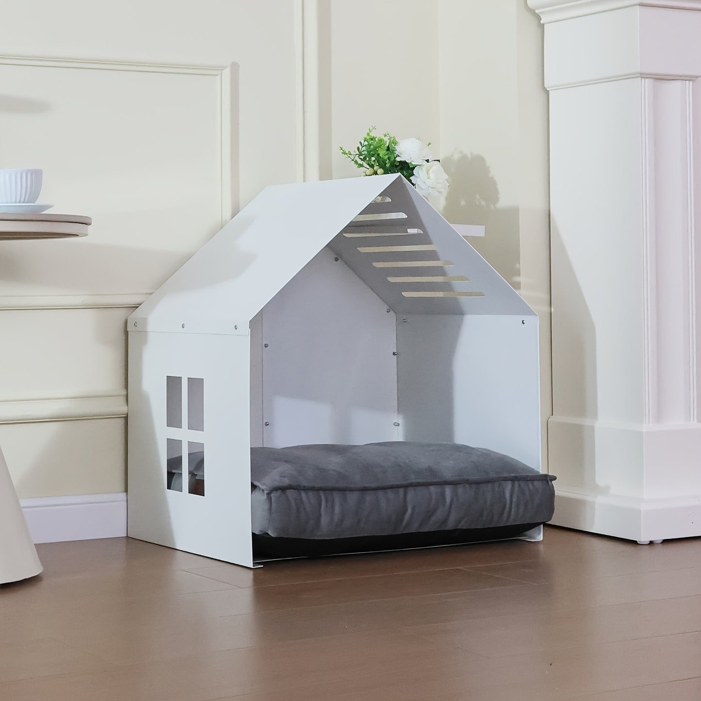 Modern White and Gray Metal Dog House with Waterproof Cushion Stylish Easy Clean Pet Bed