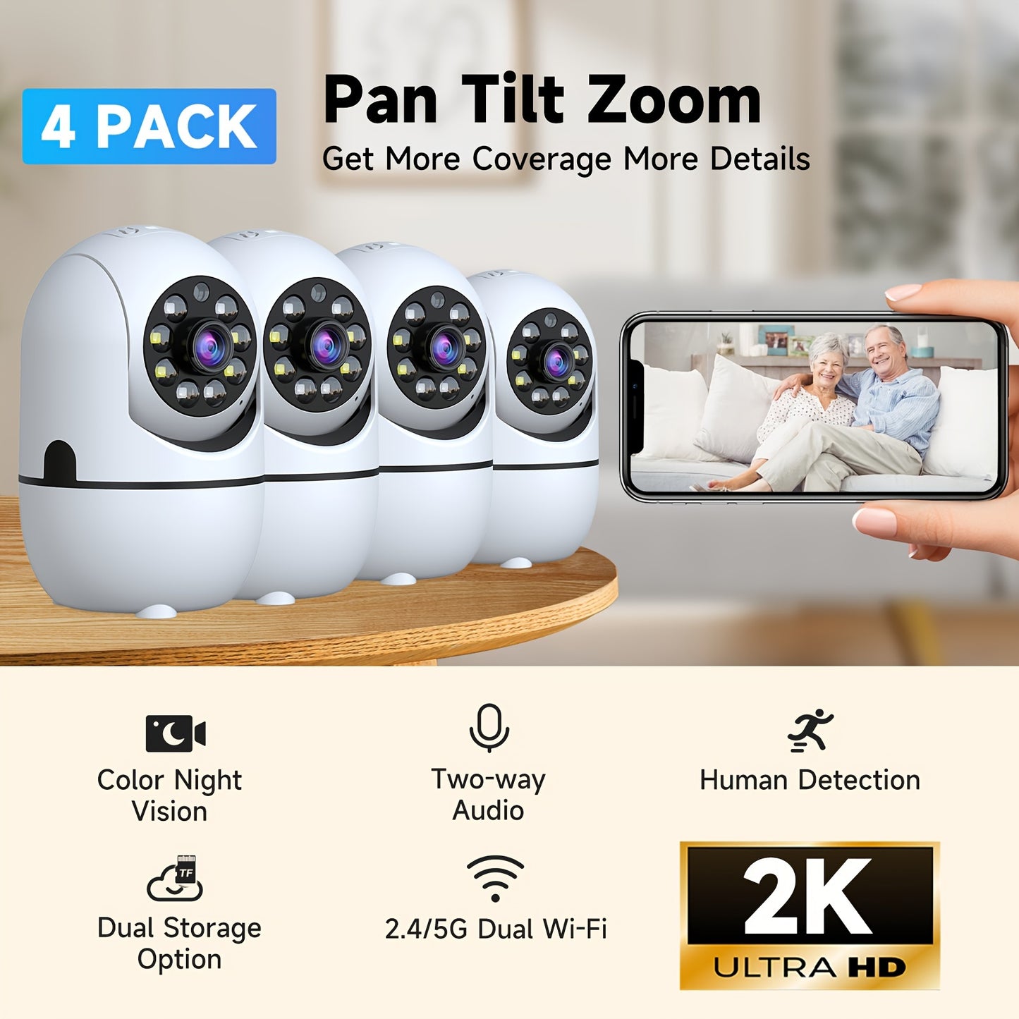 4pcs Wireless Indoor Security Camera Set with 355 Degree Pan Tilt Night Vision and Two Way Talk