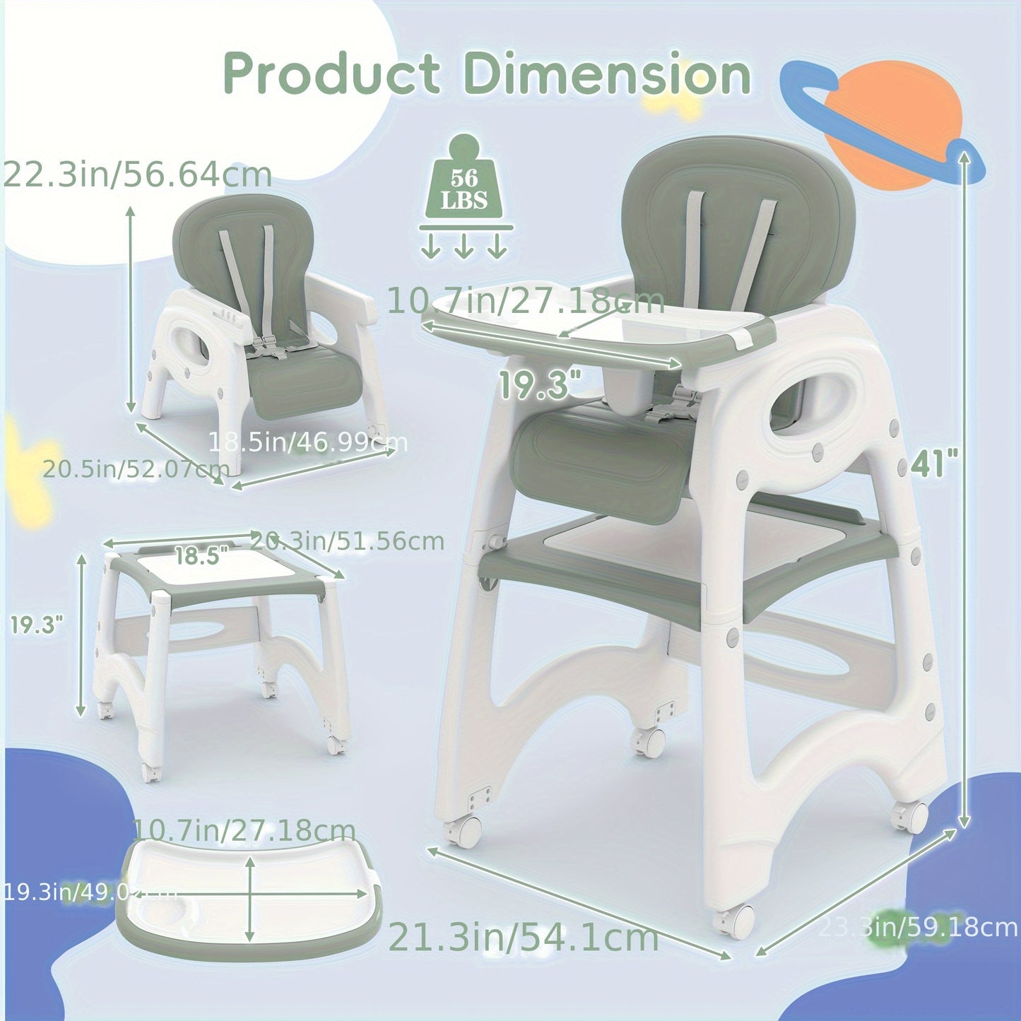 8 in 1 Convertible Infant High Chair with Wheels Adjustable Backrest and Removable Tray