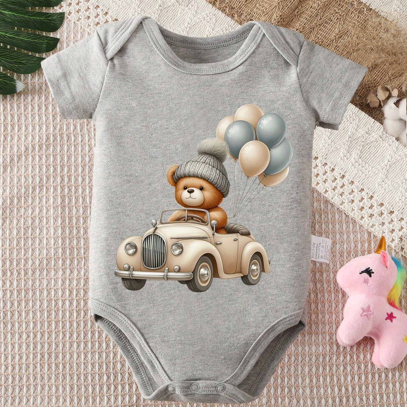 Soft Cotton Cartoon Bear and Balloons Print Short Sleeve Onesie for Infants 0-12 Months