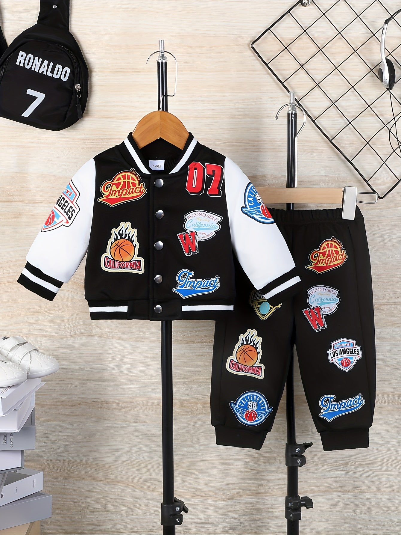 Boys Cartoon Applique Baseball Jacket and Pants Set Cotton Blend Casual Outfit