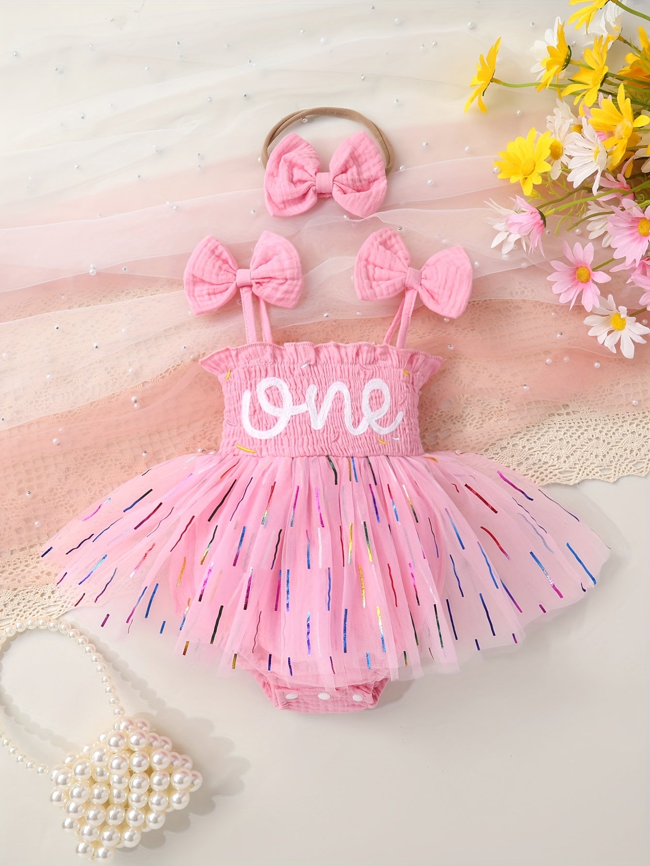 2pcs Soft and Comfortable Fashionable Cute Girls' Letter Print Parallel Ruffle Bow Tie Halter Neck Gradient Color Stripes Mesh Dress Bodysuit and Hairband Set