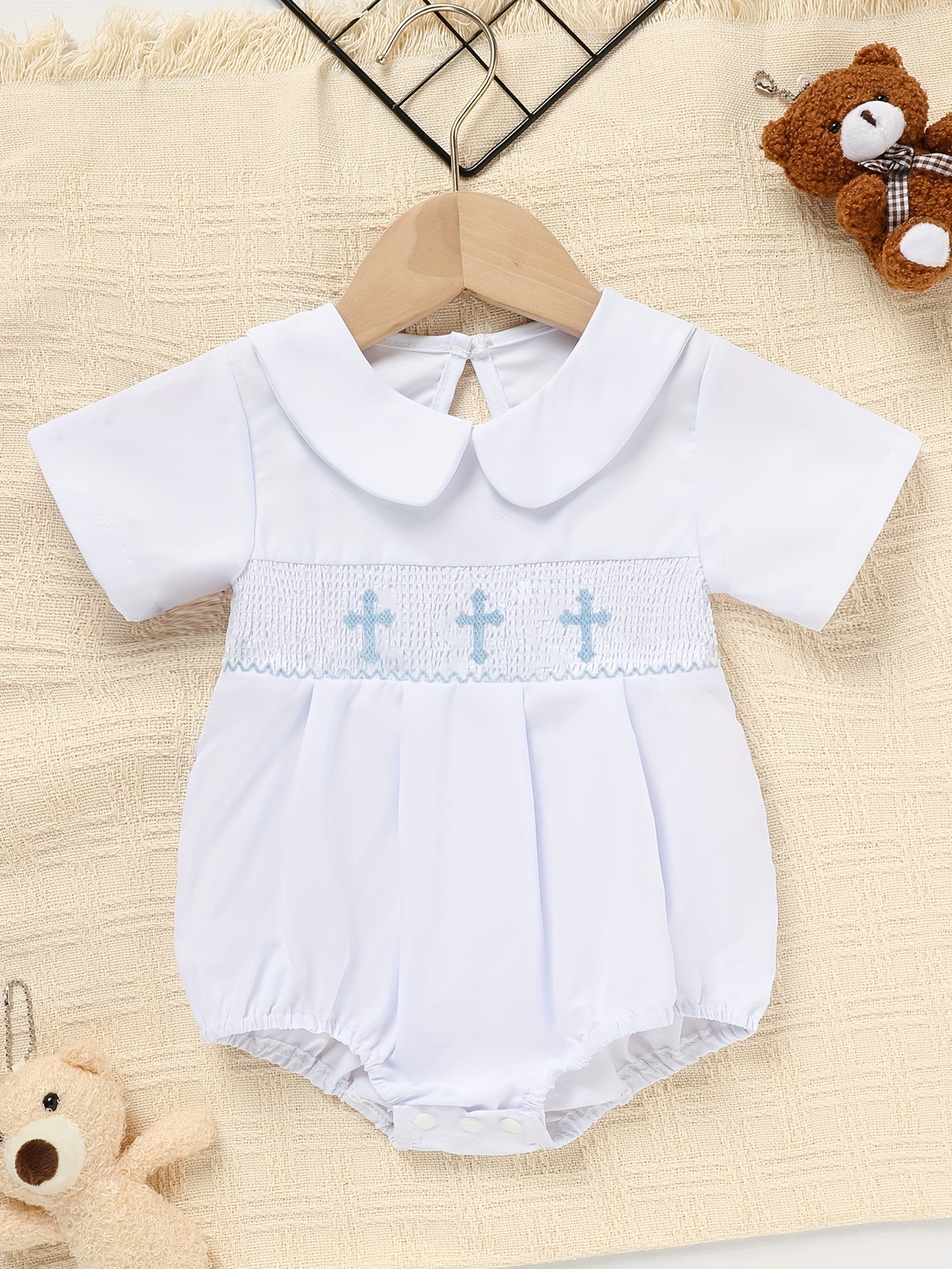 Zehjuhan Baby Girl And Baby Boy Romper Clothes Infant Short Sleeve Flip Collar Cross Embroidered Jumpsuit, for Outdoor
