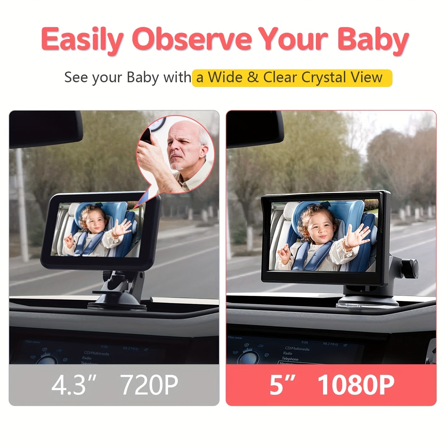 Baby Car Camera Dual Channel 5 Inch Display 1080P Clear Night Vision for Rear Facing Seat