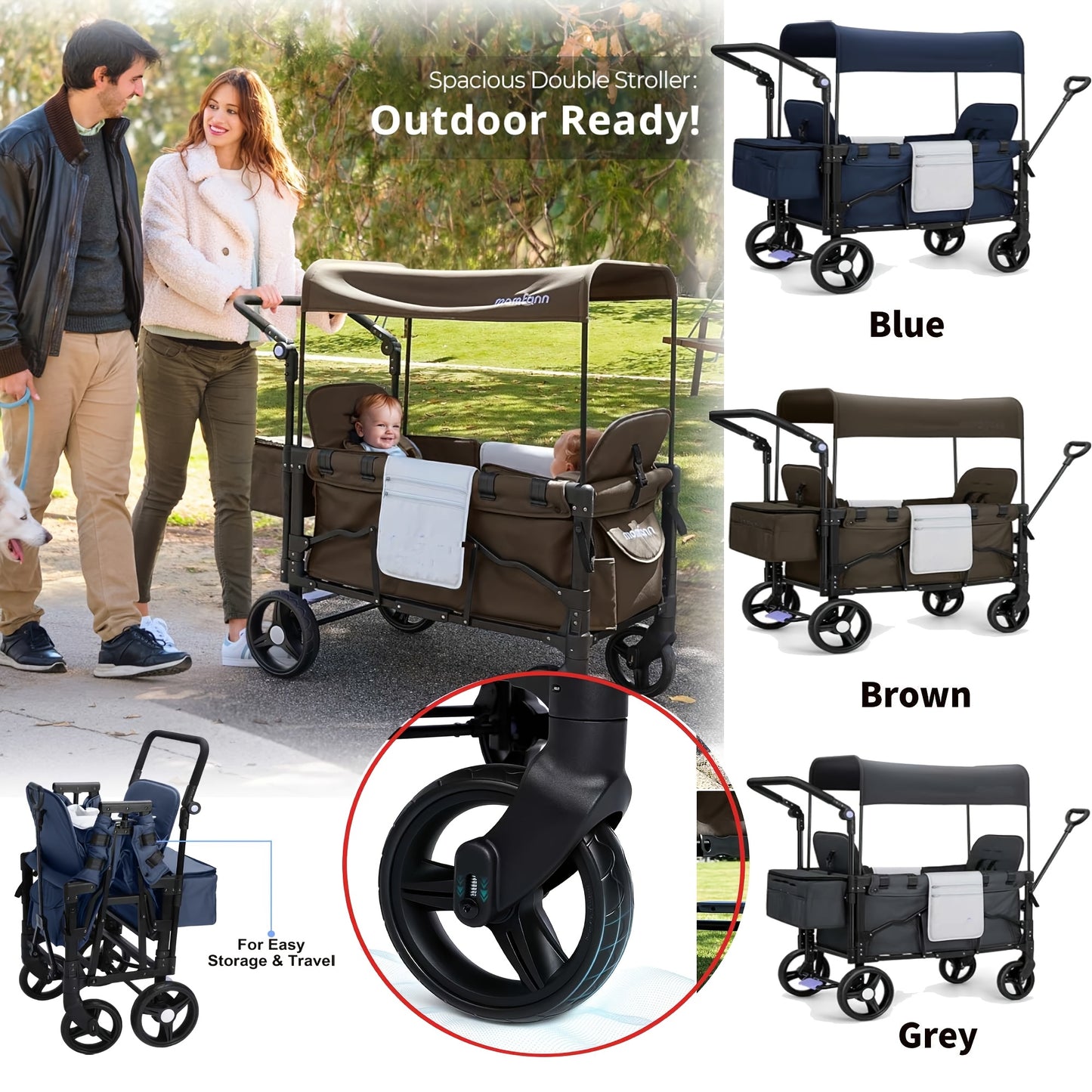 Folding Stroller Wagon Collapsible Wagon For 2 Kids, Baby Wagon Stroller With Adjustable Handle For Infants Toddlers Includes Canopy & Organizer, Foldable Convenient For Storage, Outdoor Garden Beach