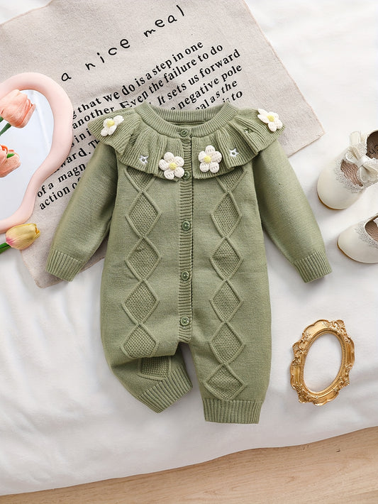 Baby Girls Knit Romper With Ruffled Collar Embroidery