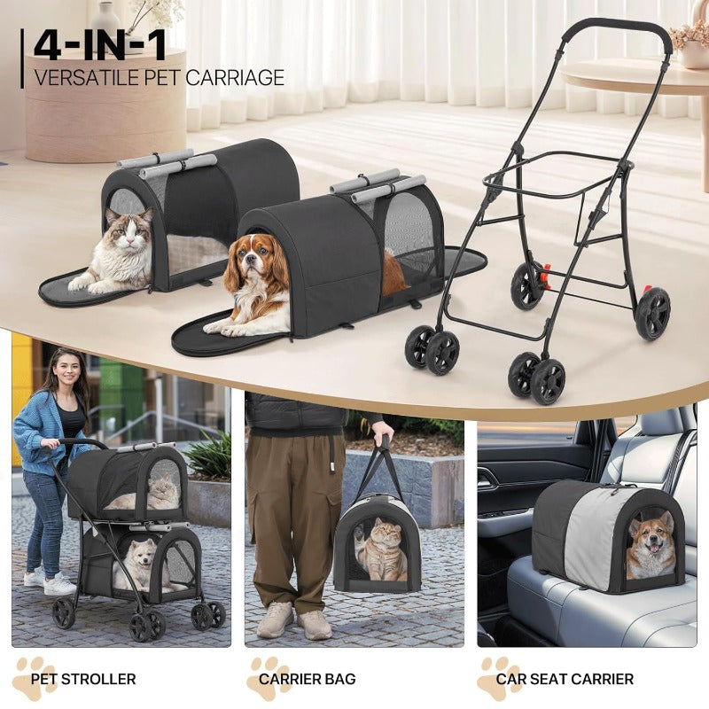 Double Dog Stroller with Detachable Carrier Bags Large 4 Wheels Foldable Jogger for Small and Medium Dog Cats