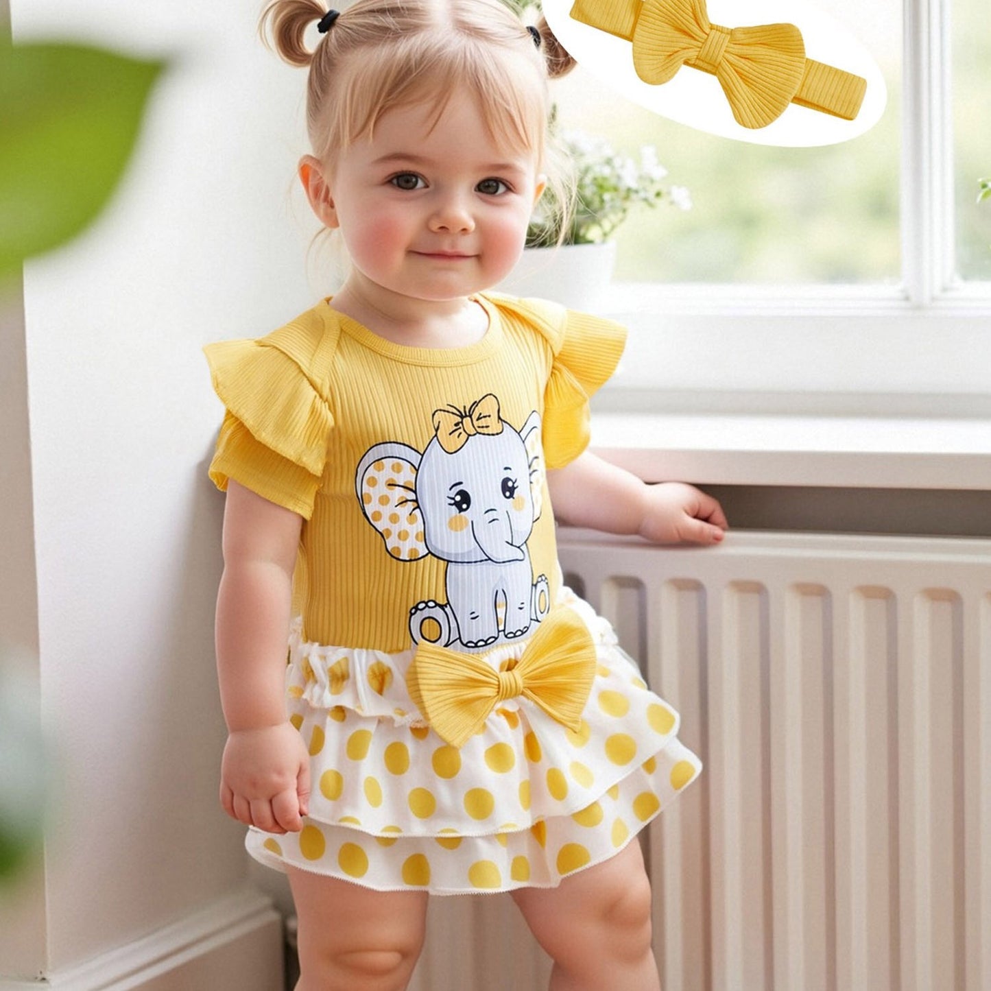 Baby Girls Summer Outfit Set Elephant Print Romper With Ruffle Shorts And Headband 3pc