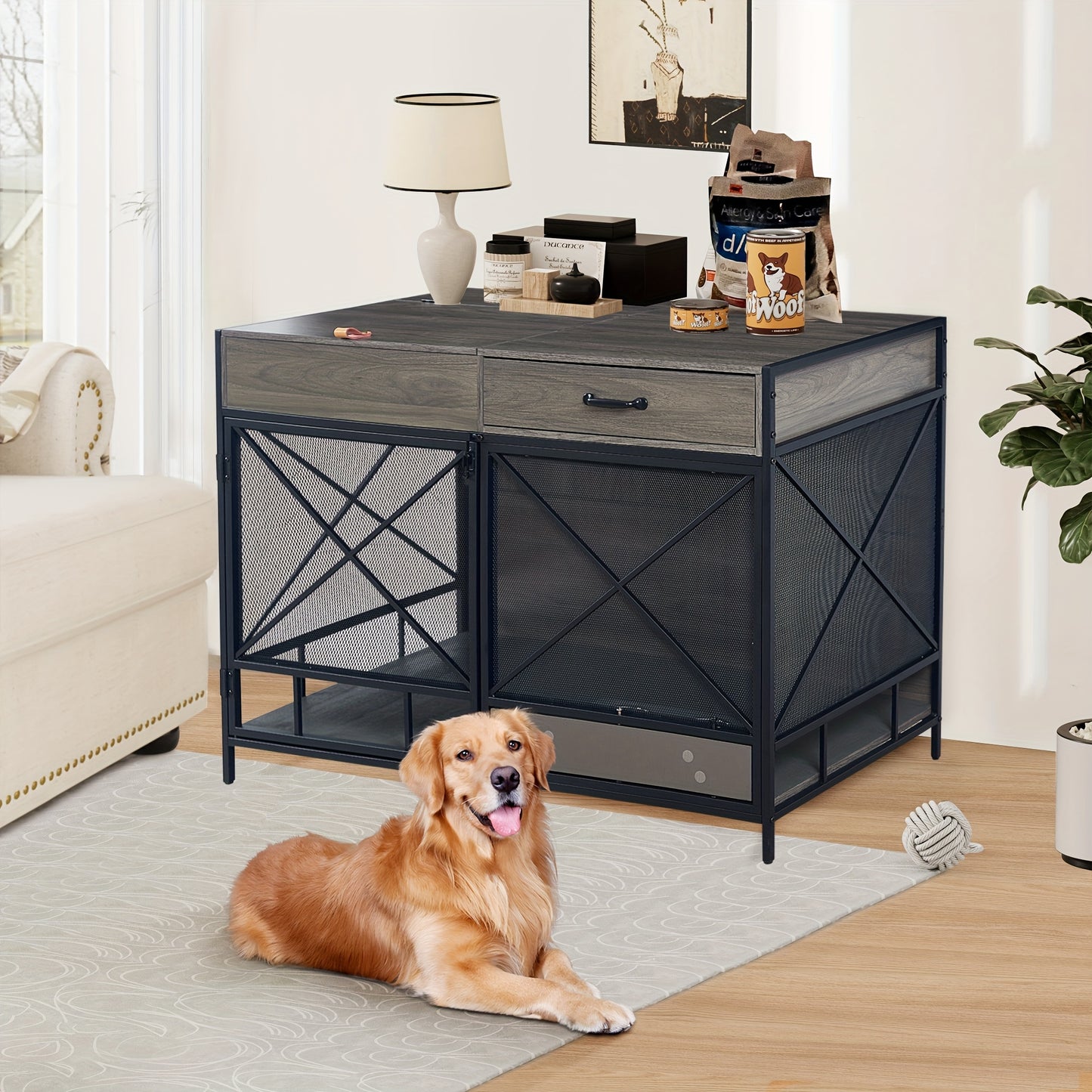 Large Dog Crate Furniture 47 Inch Wooden Kennel Indoor End Table with Drawer and Bowls