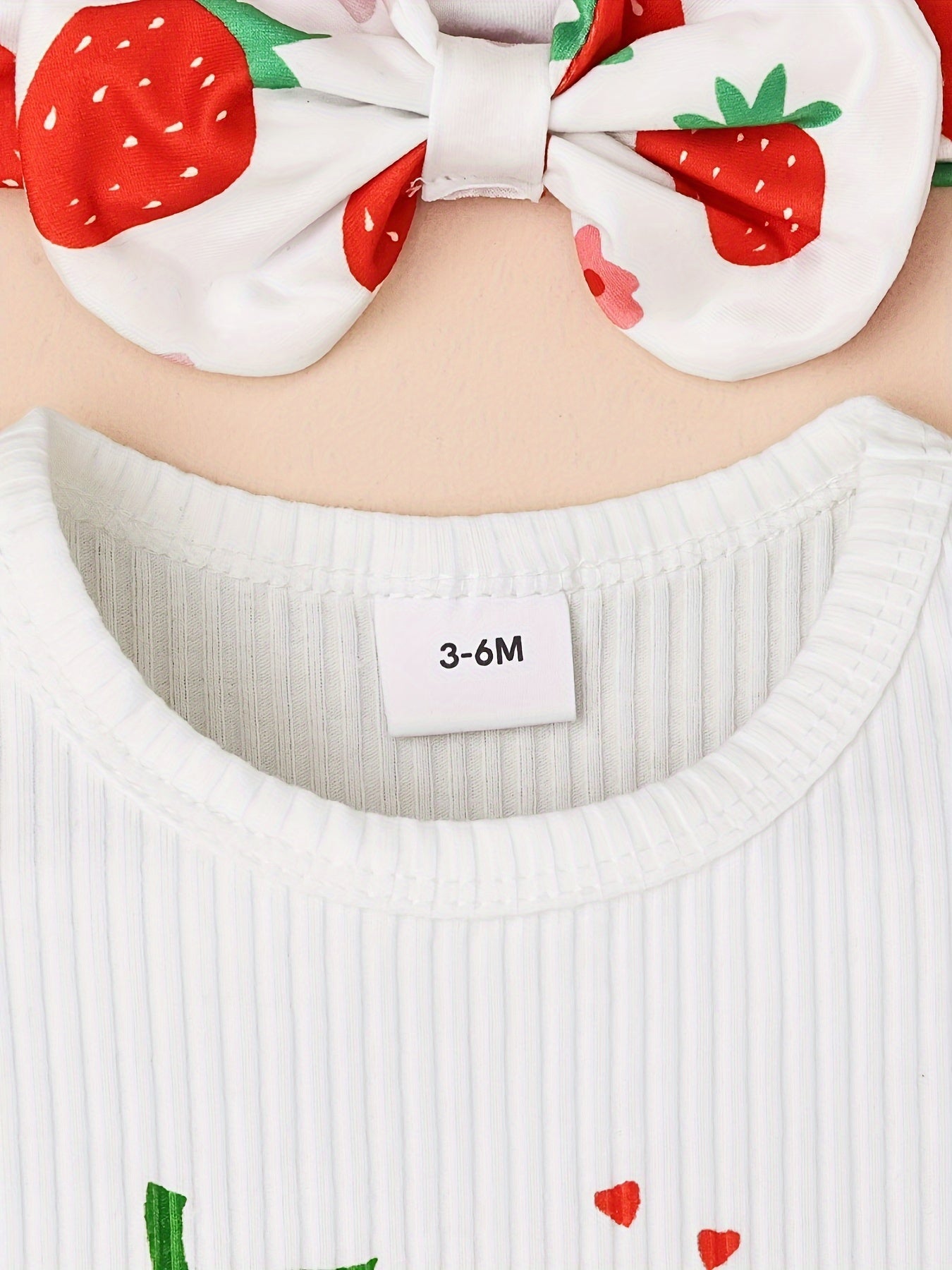 Baby Girl Clothes Strawberry Printed Fly Sleeve Top+Denim Skirt+Head Knot Three -Piece Set with 0 - 18Months, for Outdoor