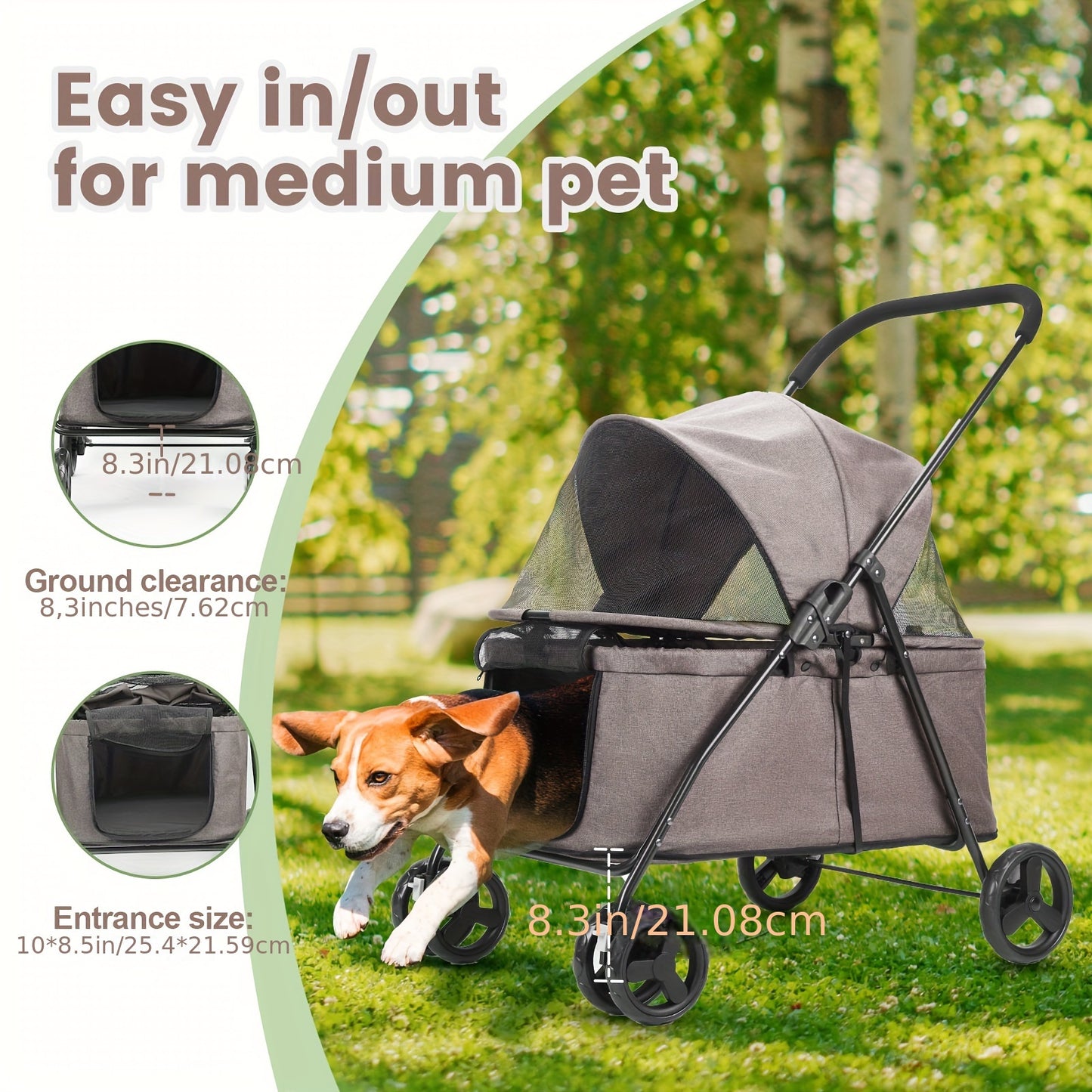 Wedyvko Larger Capacity Dog Stroller for Medium/Small Pets with Dog Poop Bags & Dispenser, Storage Pouch, Zipperless Cat Stroller Entry - Grey/Black/White Wheels - For Dog & Cat Owners - Suitable for Walks & Outdoor Adventure
