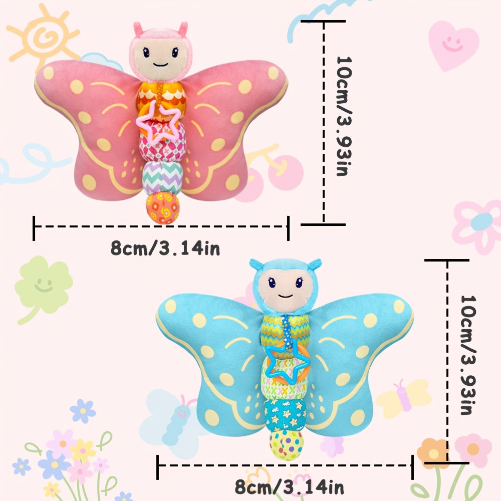 Plush Pink Butterfly Sensory Toy for Babies with Hanging Ring Rattle and Wrinkled Wings