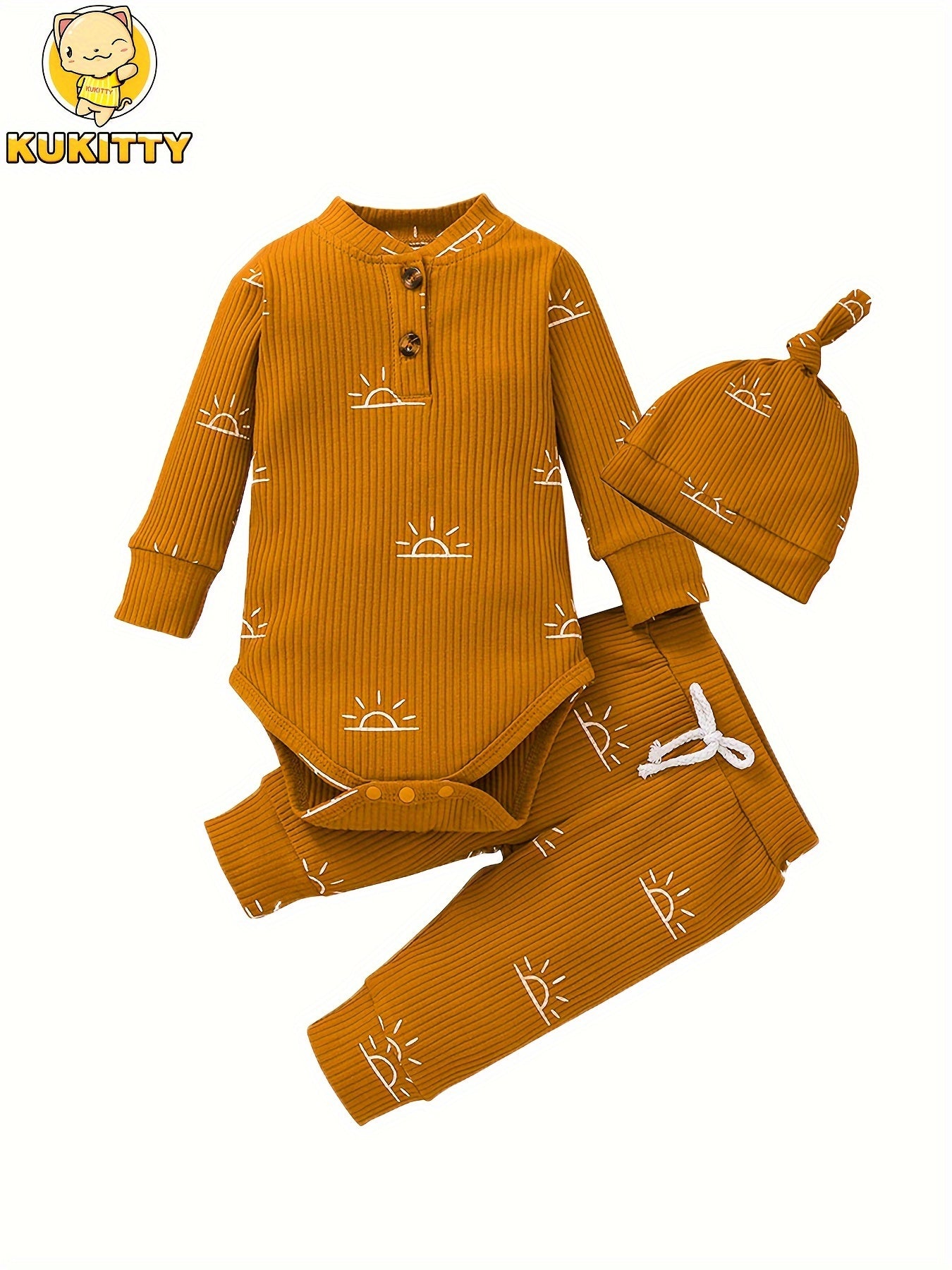 KuKitty Baby Boys Clothes Newborn Ribbed Long Sleeve Romper With Sun Pattern Pants Hat Outfits Set