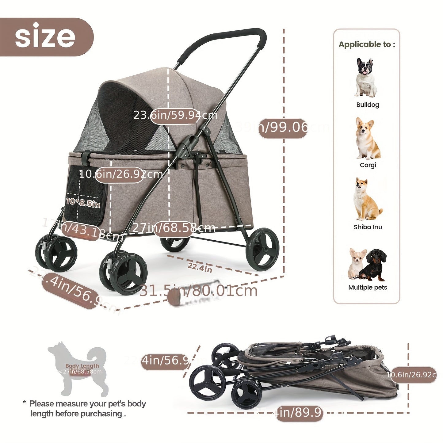 Wedyvko Larger Capacity Dog Stroller for Medium/Small Pets with Dog Poop Bags & Dispenser, Storage Pouch, Zipperless Cat Stroller Entry - Grey/Black/White Wheels - For Dog & Cat Owners - Suitable for Walks & Outdoor Adventure