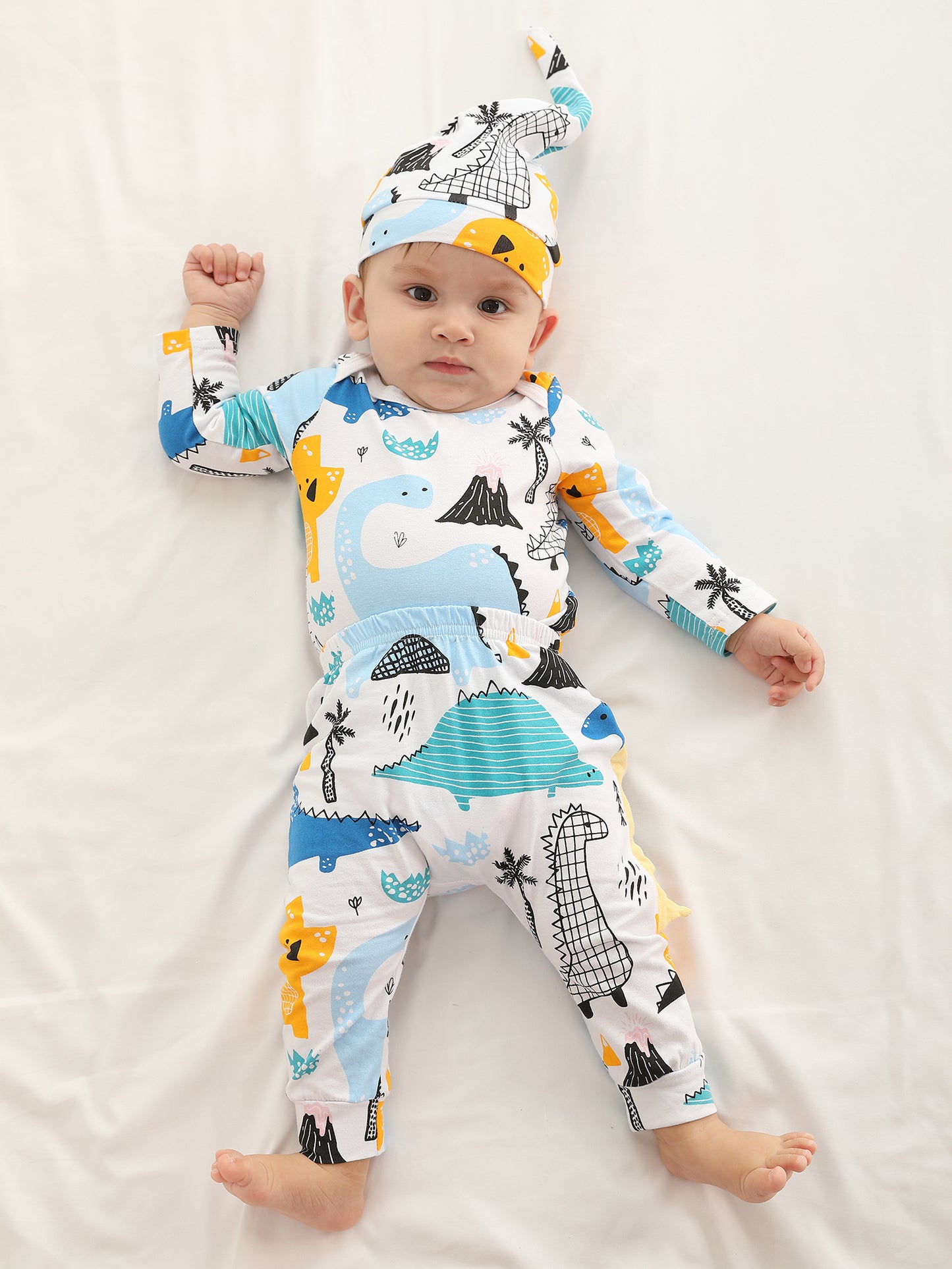 KuKitty Newborn Baby Boy 3pc Cotton Long Sleeve Romper Top Pant Hat Dinosaur Outfit Set