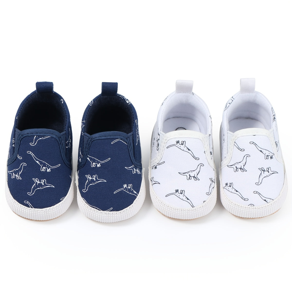 0-3 Months Slip-On Sneakers - Cute Cartoon Dinosaur Pattern Soft Fabric Low-Top Shoes for Indoor Crib Shoes, Spring & Autumn Daily Wear (Navy/White), Shoes