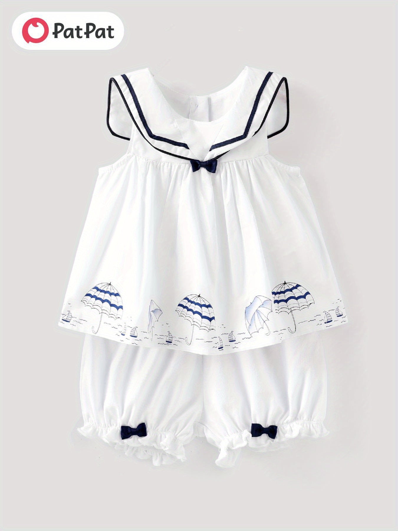 PatPat 2pcs Baby Girl Bow Decor Statement Collar Umbrella Print Sleeveless Top and Elasticized Shorts Set For Spring Summer, for Outdoor