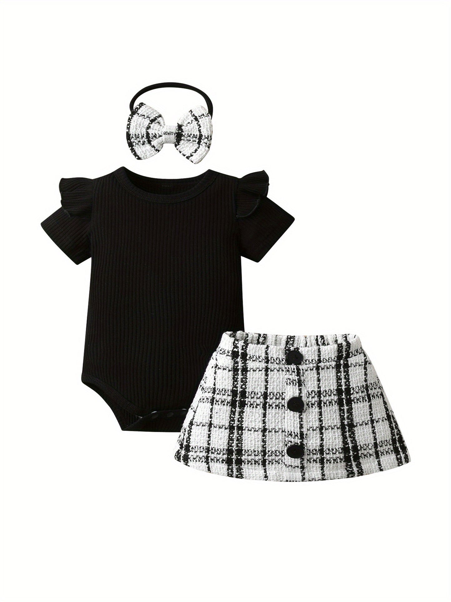 Infants Baby Girl Fashion Clothes Set Solid Cotton Short Sleeve Bodysuit Top + Plaid Skirt with Headband Toddler Summer Outfits, for Outdoor