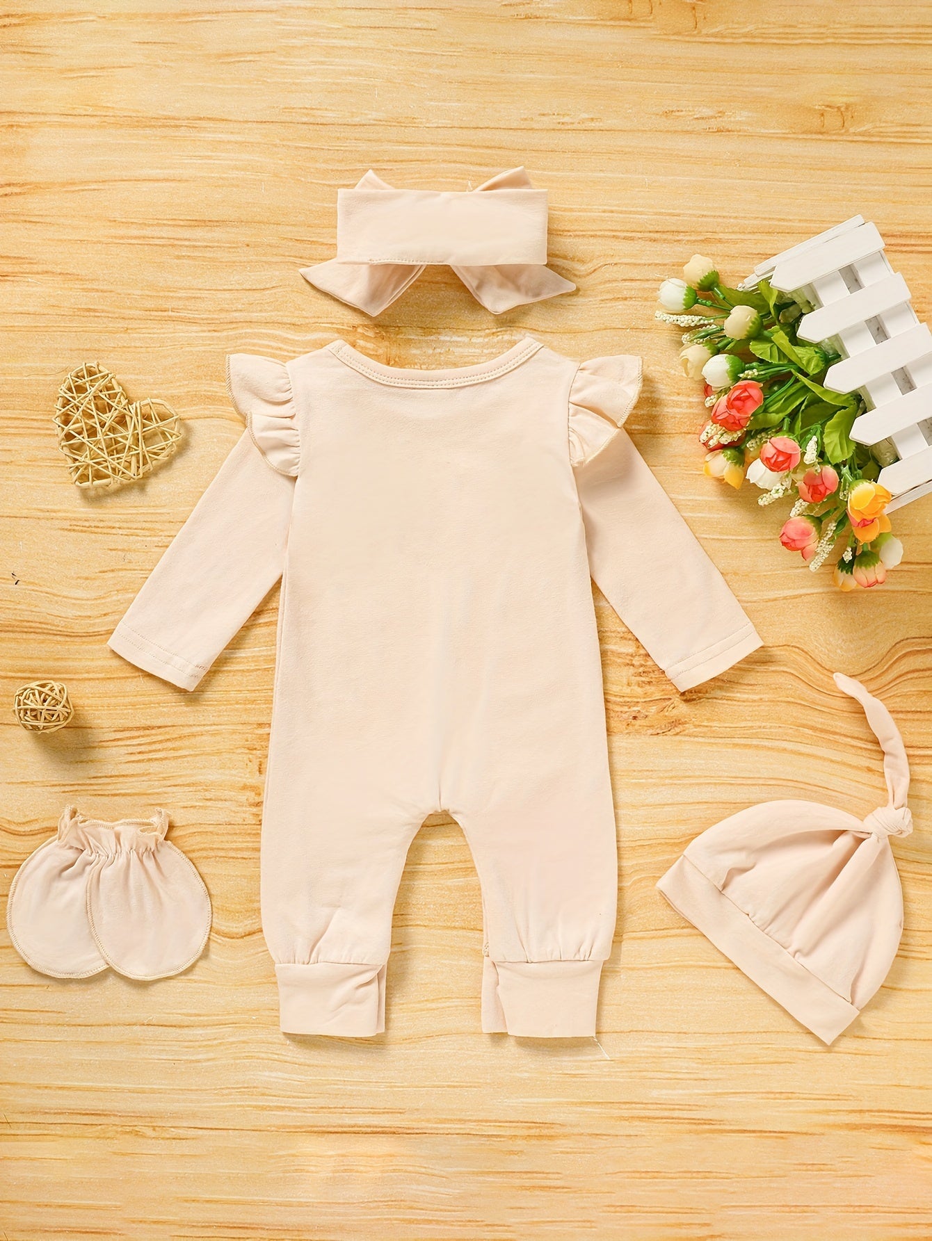 [Floral Baby Romper] Floral Newborn Baby Girl Romper | Infant Letter Print Bodysuit Jumpsuit+Hat+Headband+Gloves Coming Home Clothes Outfits