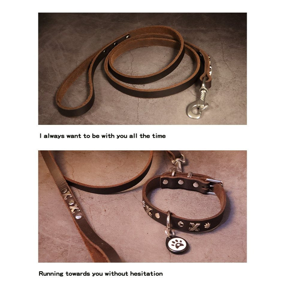 Heavy duty dog training leash, handmade, retro rivet design, suitable for small, medium, and large dogs - Durable flat design with comfortable grip, dog leash, thick cowhide made explosion-proof punch