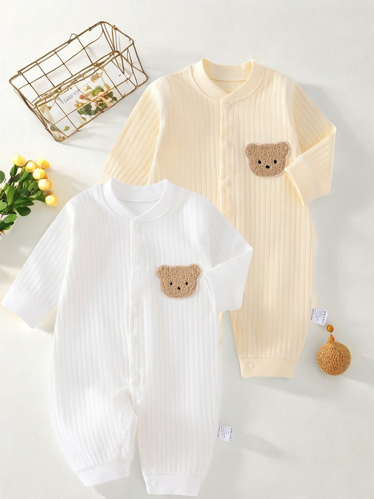 Set of 2 Baby Bodysuits, 100% Cotton Long-Sleeve for All Seasons, in White And Khaki Colors, for Outdoor, Perfect for Outdoor