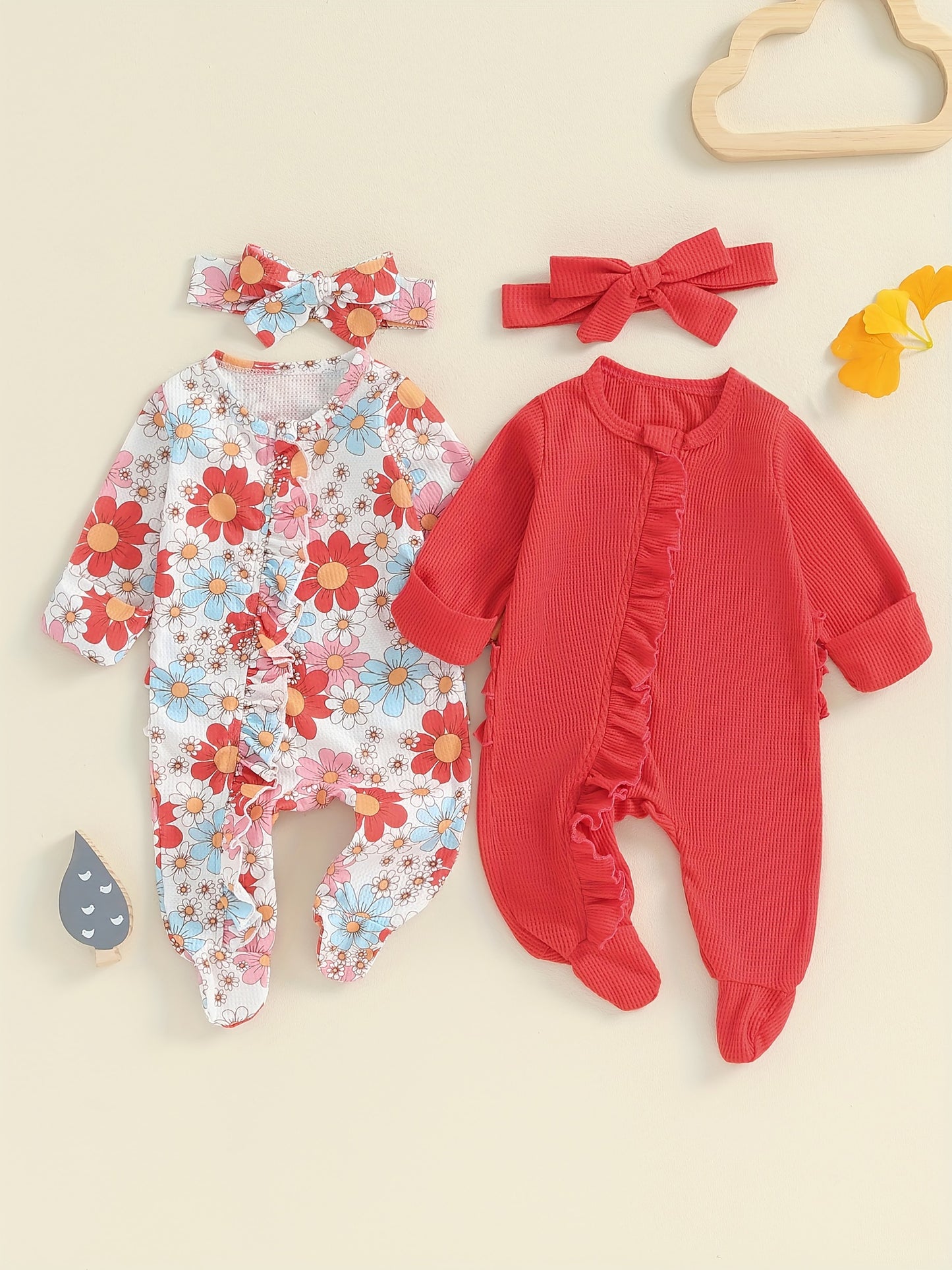 Baby Girls Frill Jumpsuit Set With Headband Long Sleeve