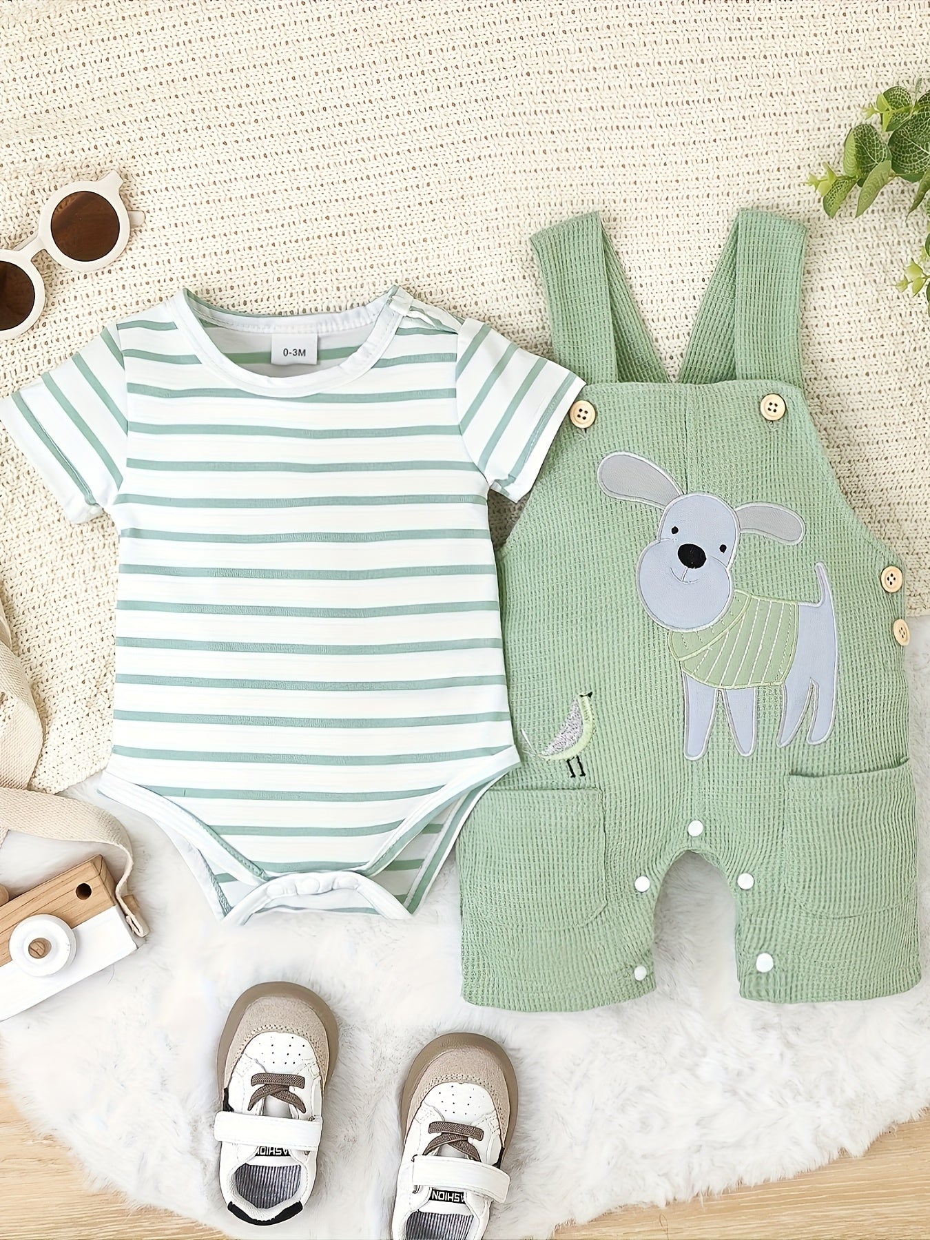Baby Boy Summer Outfit Striped Romper with Cute Cartoon Dog Overall Pants Set 0-18 Months