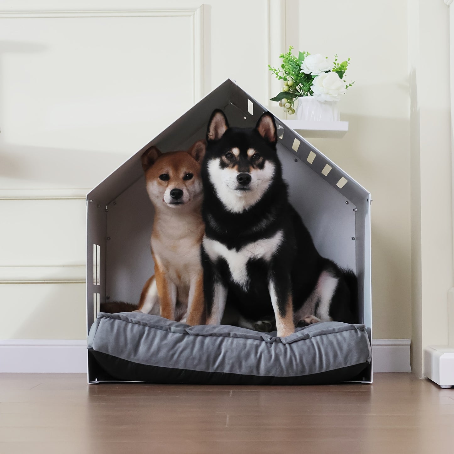 Modern White and Gray Metal Dog House with Waterproof Cushion Stylish Easy Clean Pet Bed