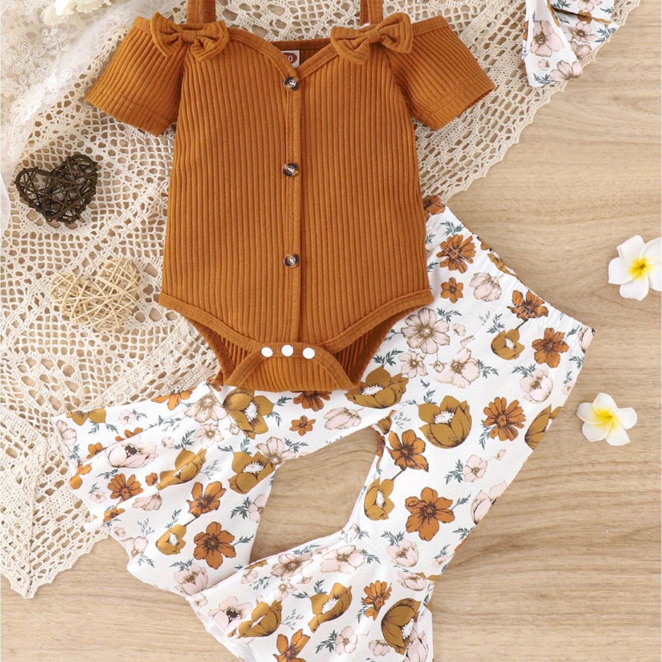 3pcs Baby Girl Spring Outfit Set Cold Shoulder Romper Flare Pants Headband for Outdoors