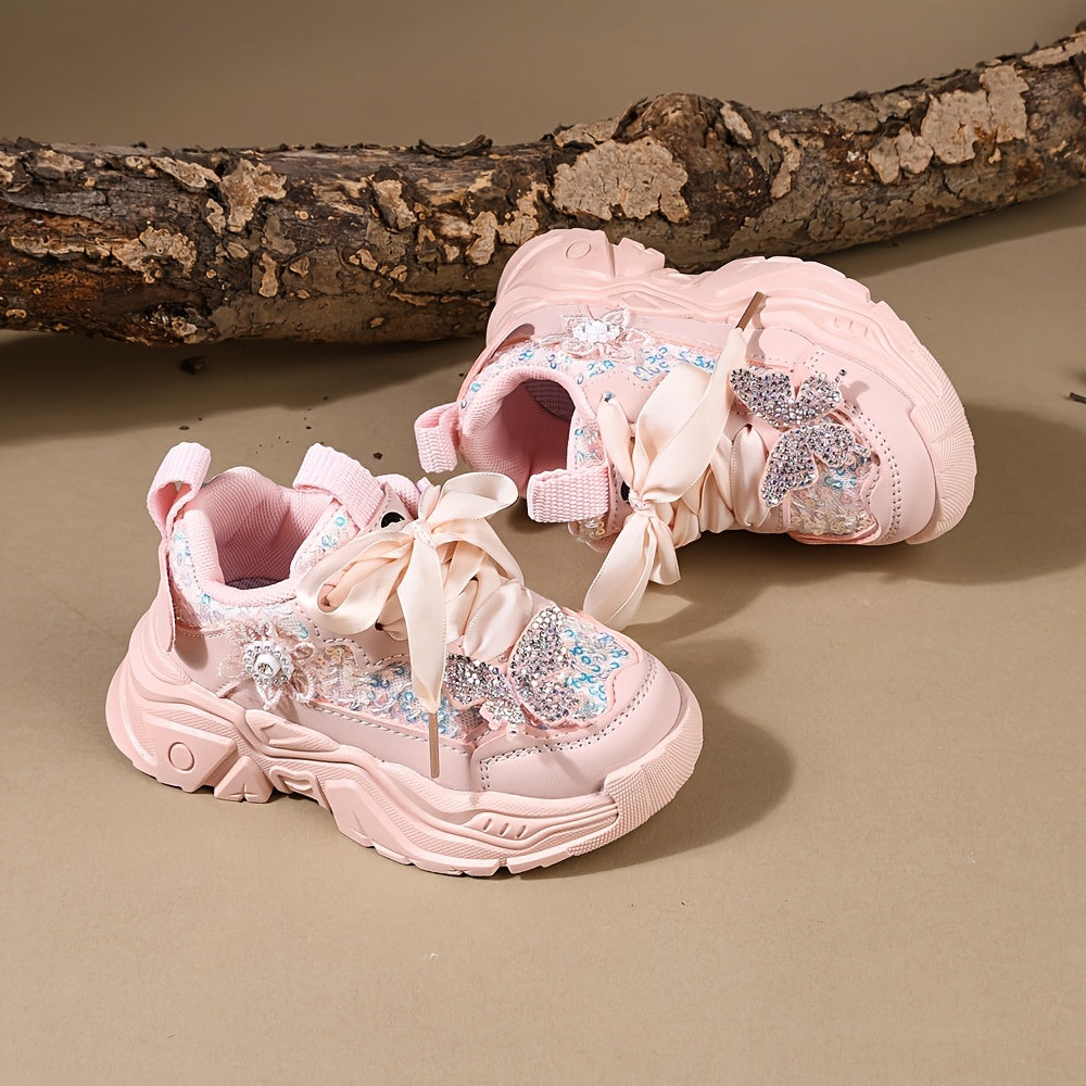 Sparkly Rhinestone Butterfly Bow Girls Sneakers Lightweight Cute Casual Shoes for Play