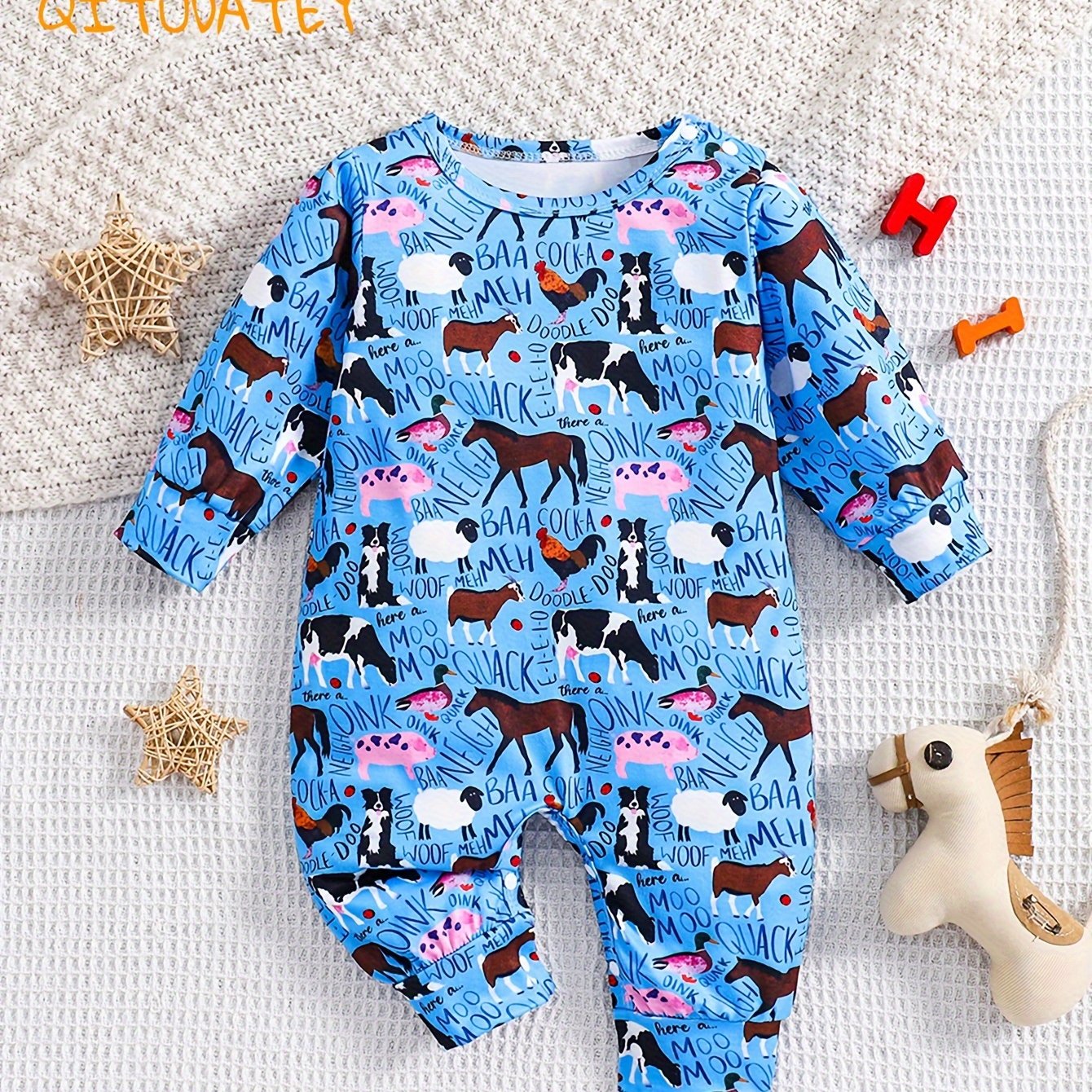 Adorable Farm Animal Print Long Sleeve Romper for Boys and Girls Soft Polyester Blend