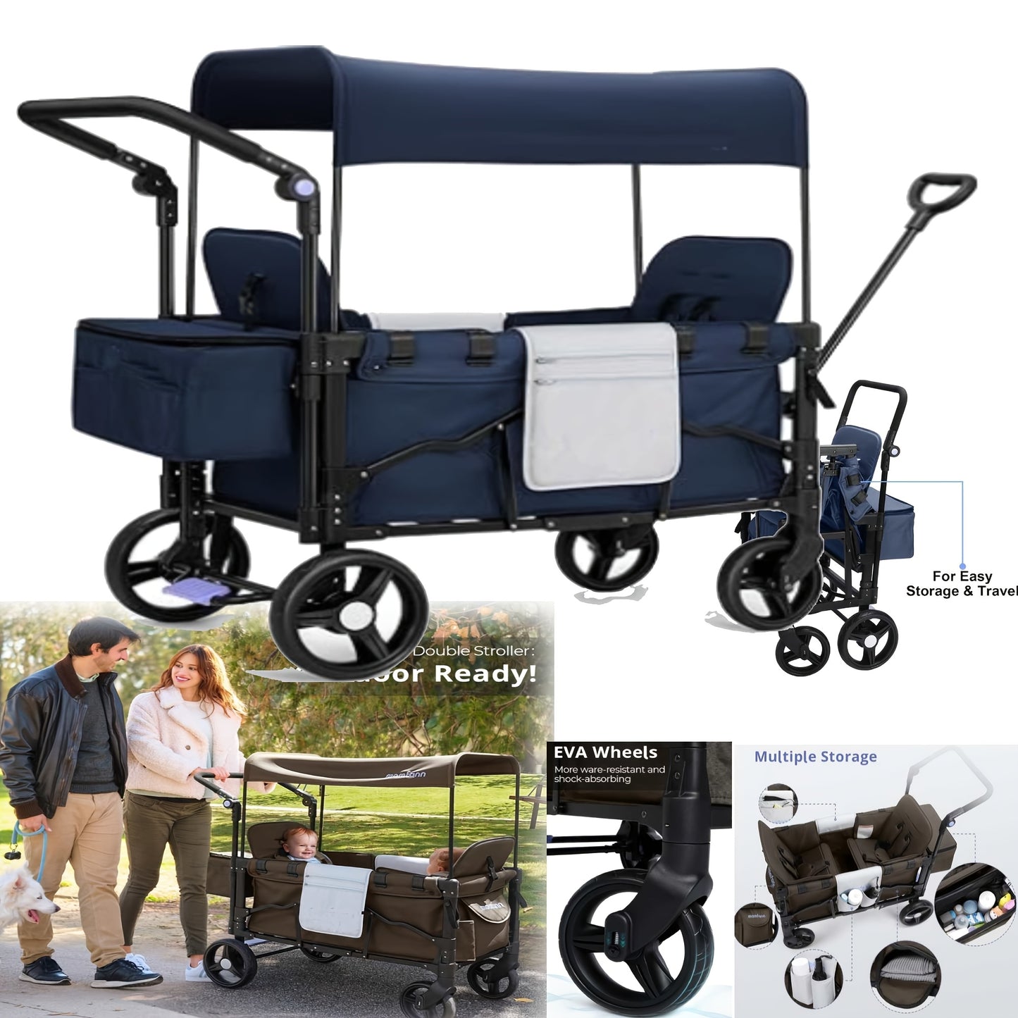 Folding Stroller Wagon Collapsible Wagon For 2 Kids, Baby Wagon Stroller With Adjustable Handle For Infants Toddlers Includes Canopy & Organizer, Foldable Convenient For Storage, Outdoor Garden Beach