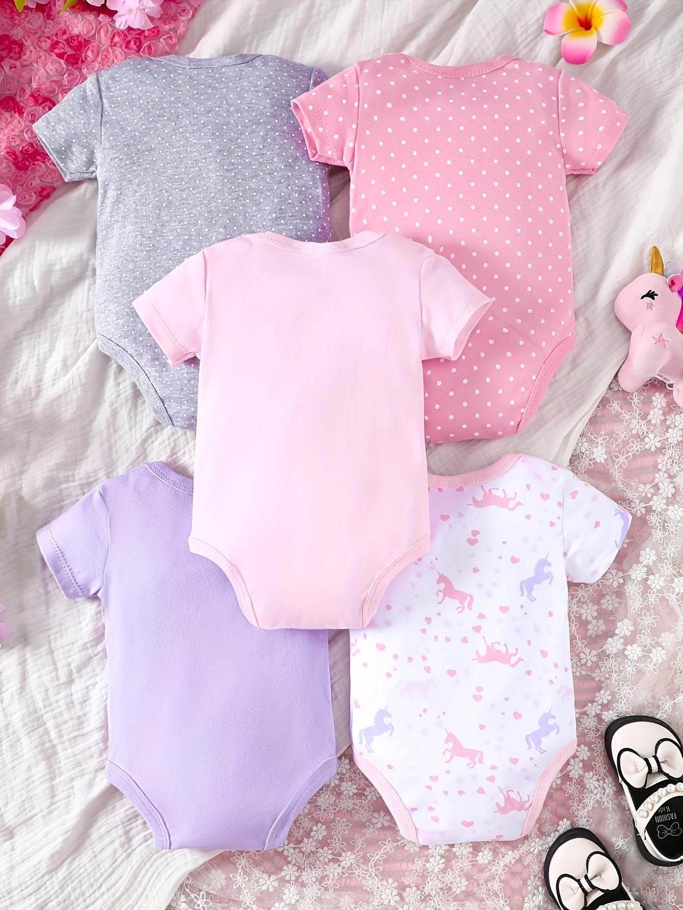 [5pcs Unicorn Romper] 5pcs Adorable Cotton Baby Girl Romper Set - Short Sleeve, Machine Washable, Perfect for All Seasons, Outdoor