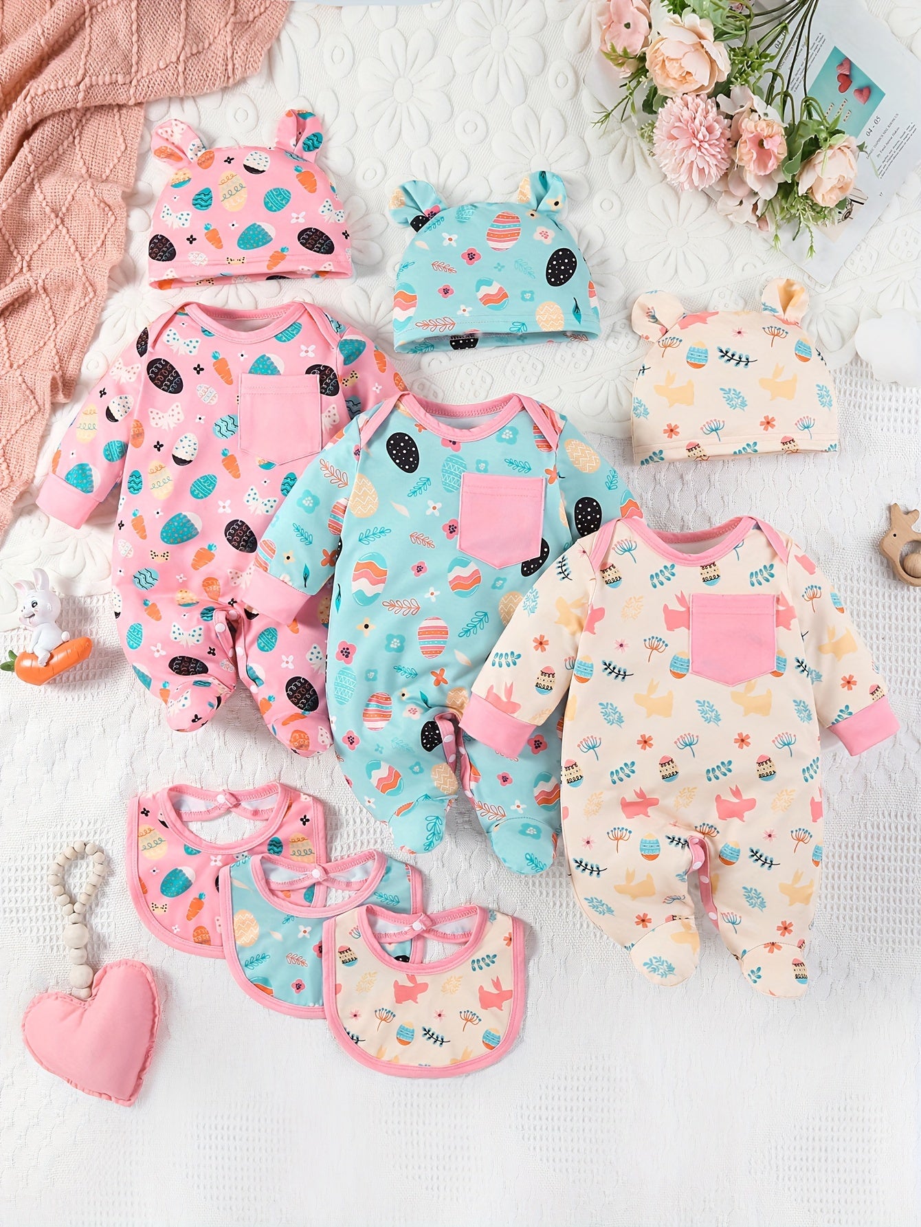 Newborn Girl 9Pc All Season Outfit Set With Bunny Hat