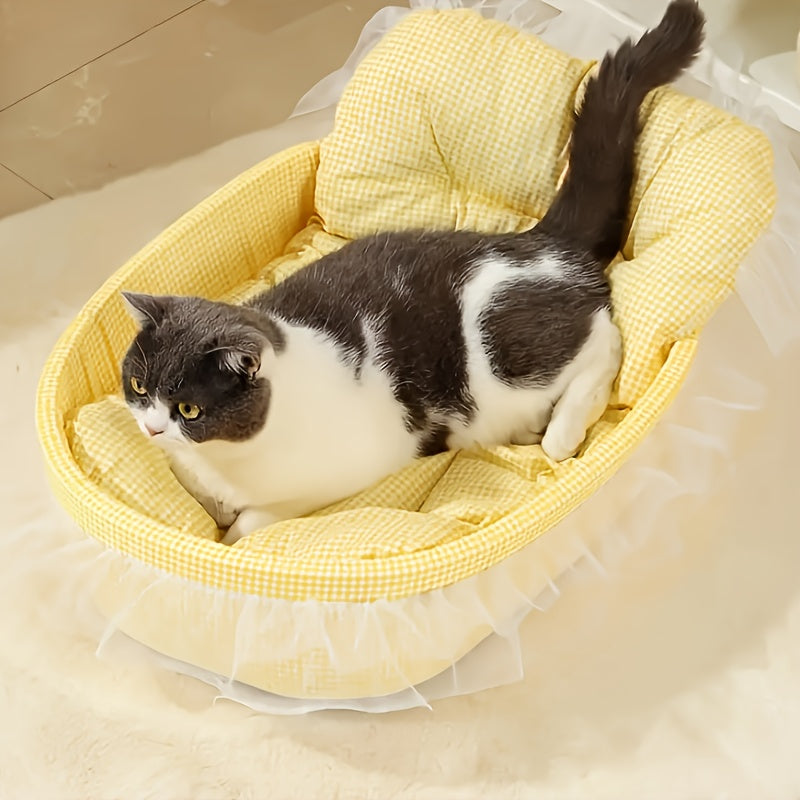 All Season Checkered Pet Bed for Dogs and Cats with Soft Plush Fabric and Ruffle Details