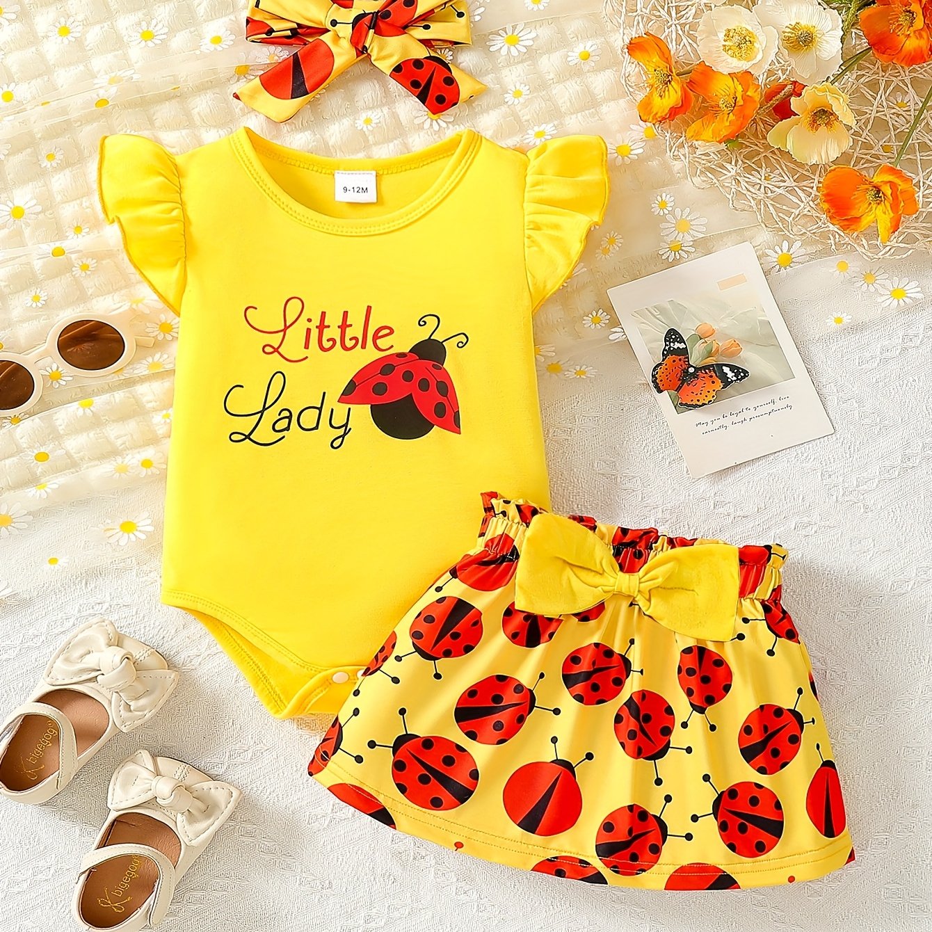 Little Lady Print Baby Girl Outfit Set With Cap Sleeve Bodysuit Hairband And Ladybug Skirt 0 To 3 Years