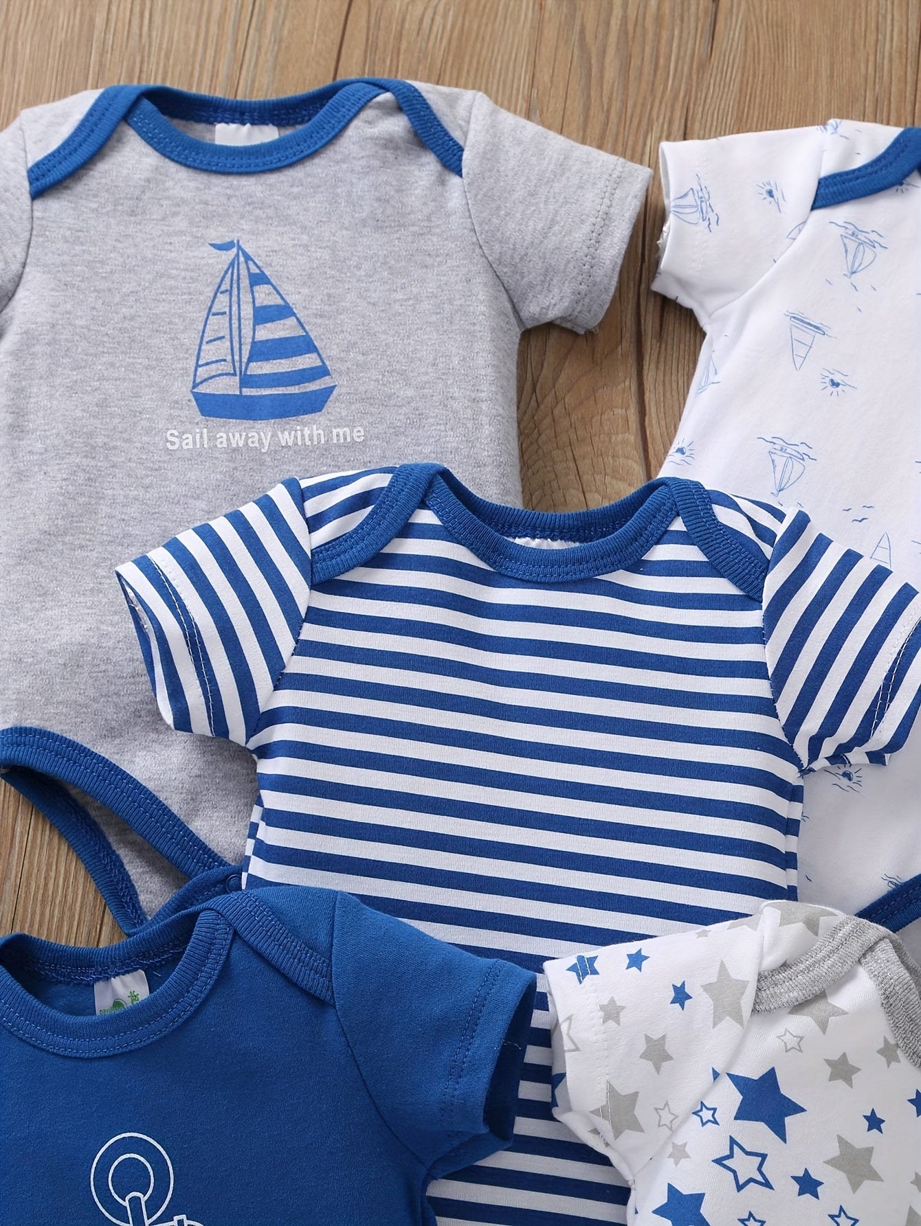 5pcs Set Of Baby Boys' Short Sleeved Cartoon Triangle Jumpsuit, Ha Yi, Baby Boys' Ocean Boat Anchor Casual Crawling Suit, for Outdoor