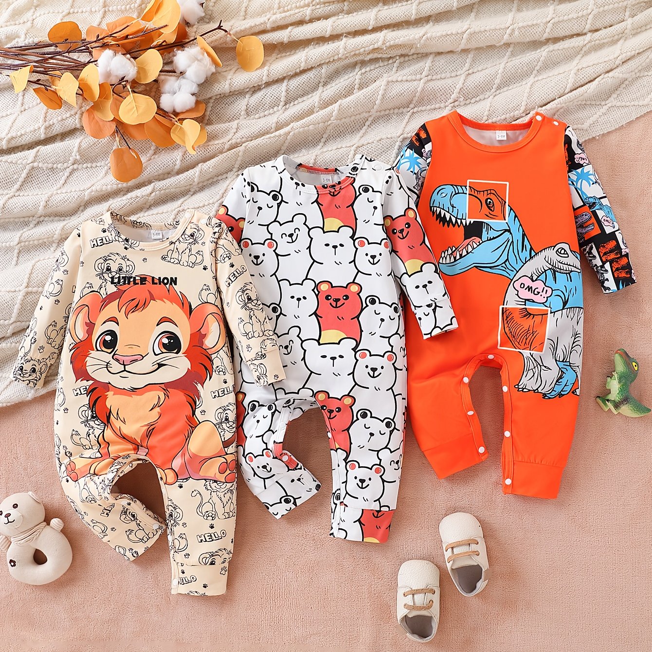 3 Piece Baby Boy Romper Jumpsuit Soft Long Sleeve Cartoon