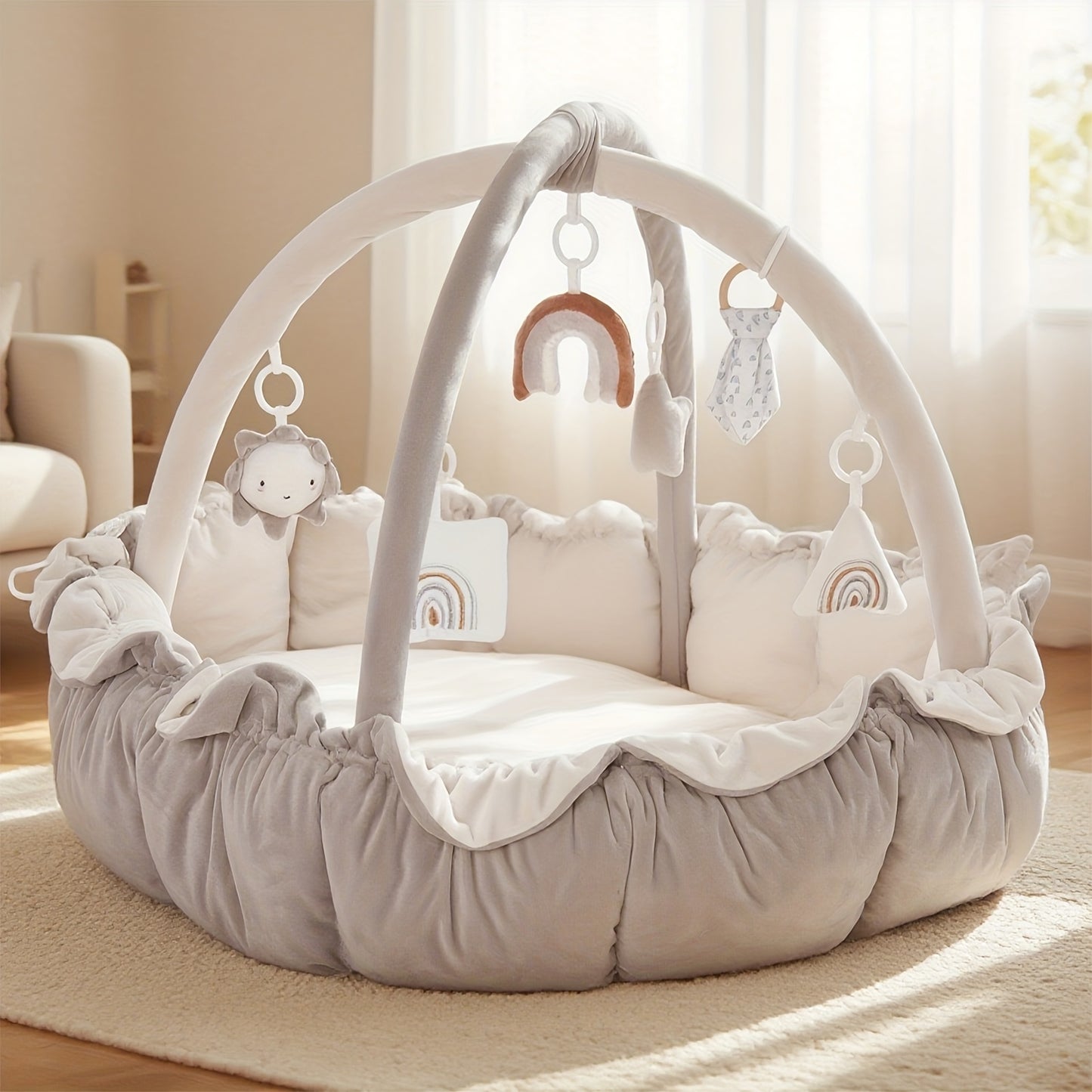 5 In 1 Plush Baby Play Gym With Tummy Time Mat And 6 Toys Ball Pit For Development