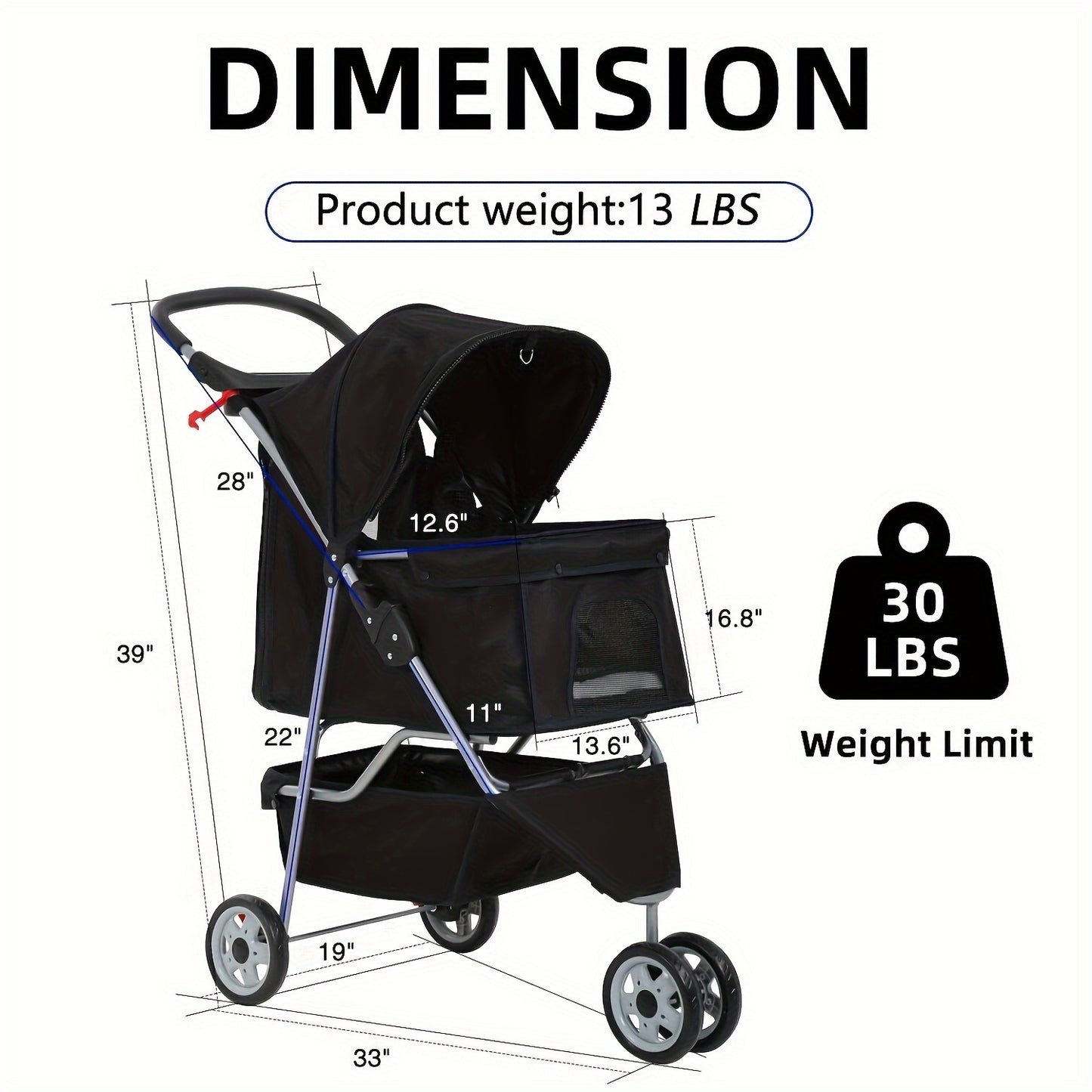 3 Wheels Pet Cat Jogger Stroller, Folding Carrier Waterproof Puppy Stroller With Cup Holder & Removable Liner, Dog Strollers For Small Dogs, For Small And Medium Pets